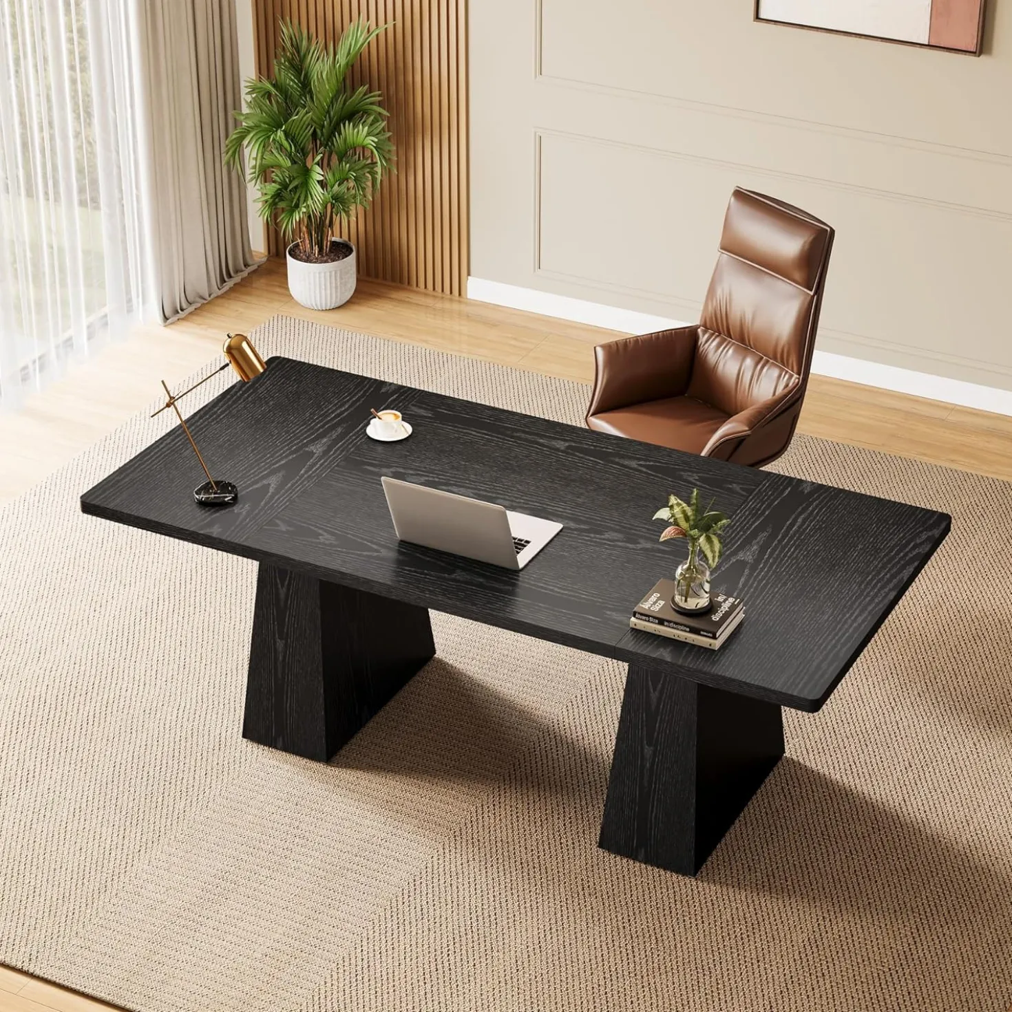 63" Executive Office Desk, Modern Black Double Pedestal Workstation for Home