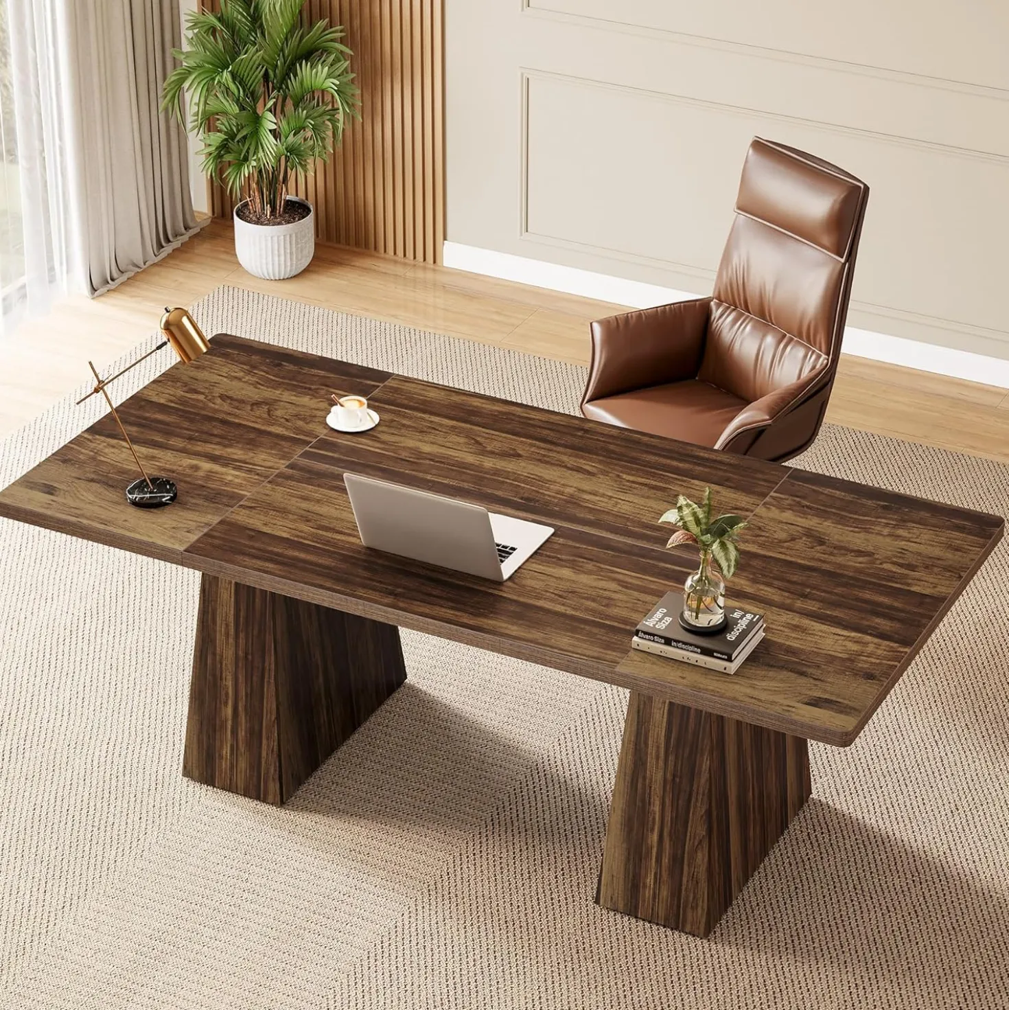 63" Executive Office Desk, Modern Black Double Pedestal Workstation for Home