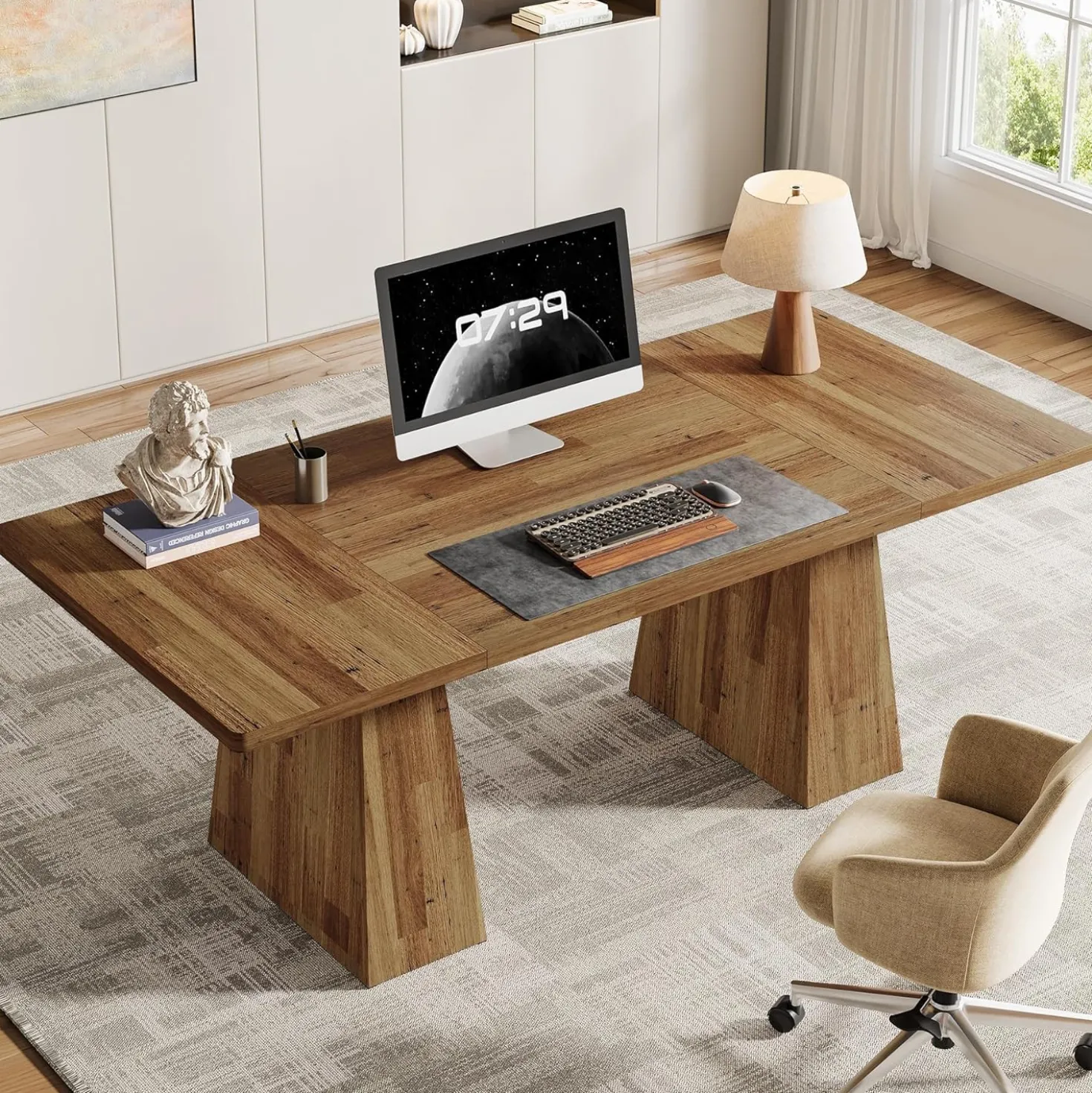 63" Executive Office Desk, Modern Black Double Pedestal Workstation for Home