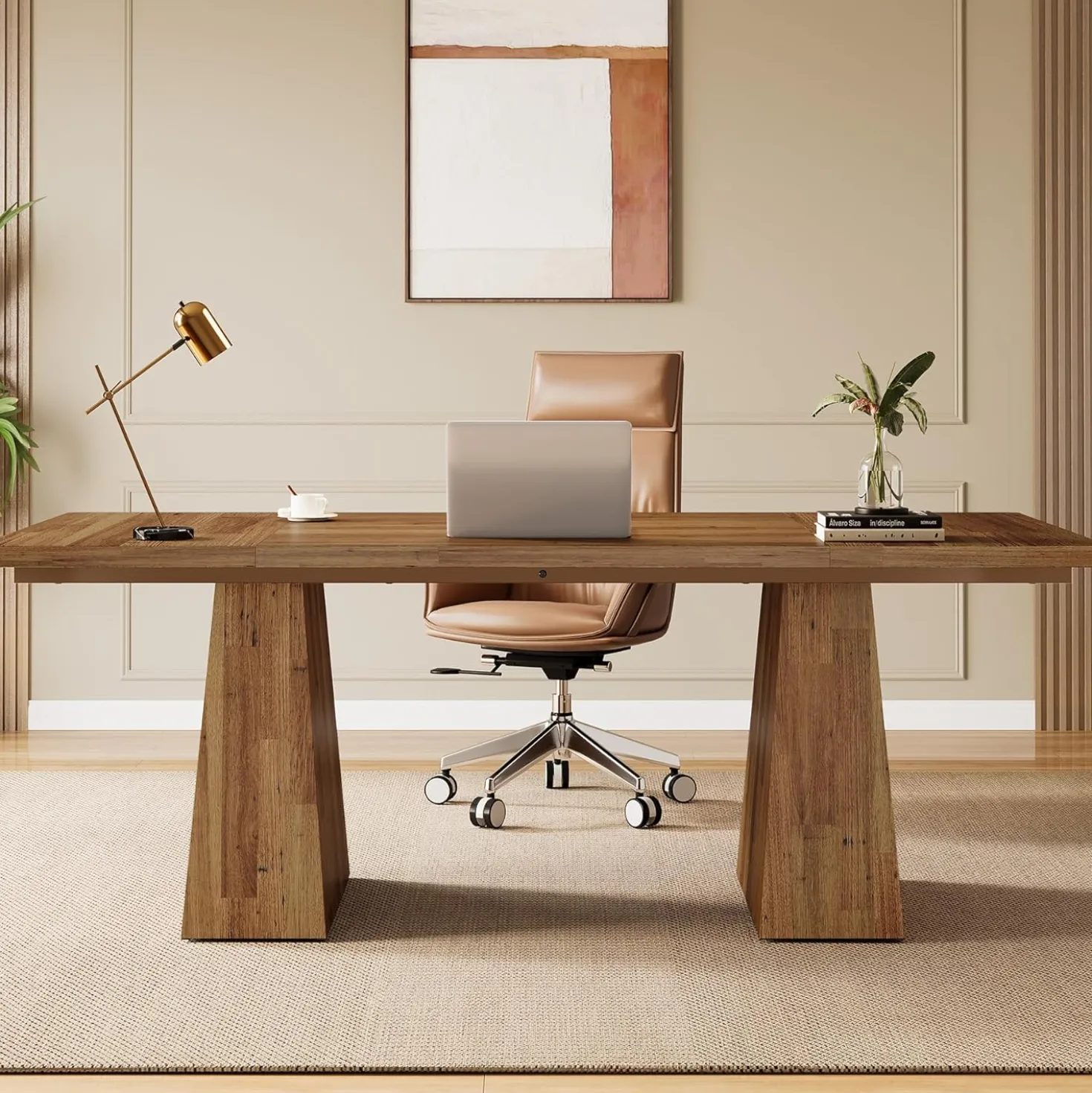 63" Executive Office Desk, Modern Black Double Pedestal Workstation for Home
