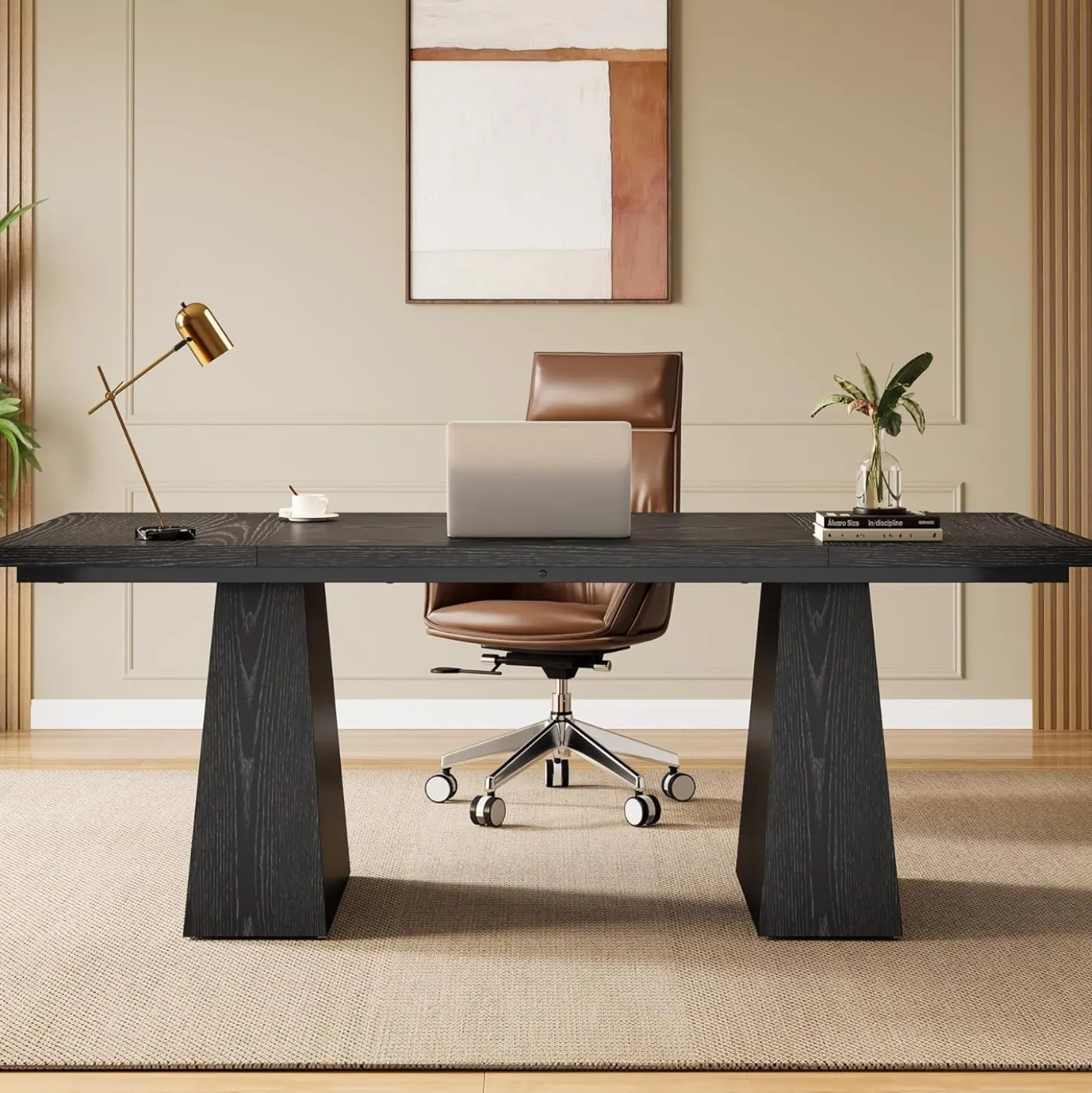 63" Executive Office Desk, Modern Black Double Pedestal Workstation for Home
