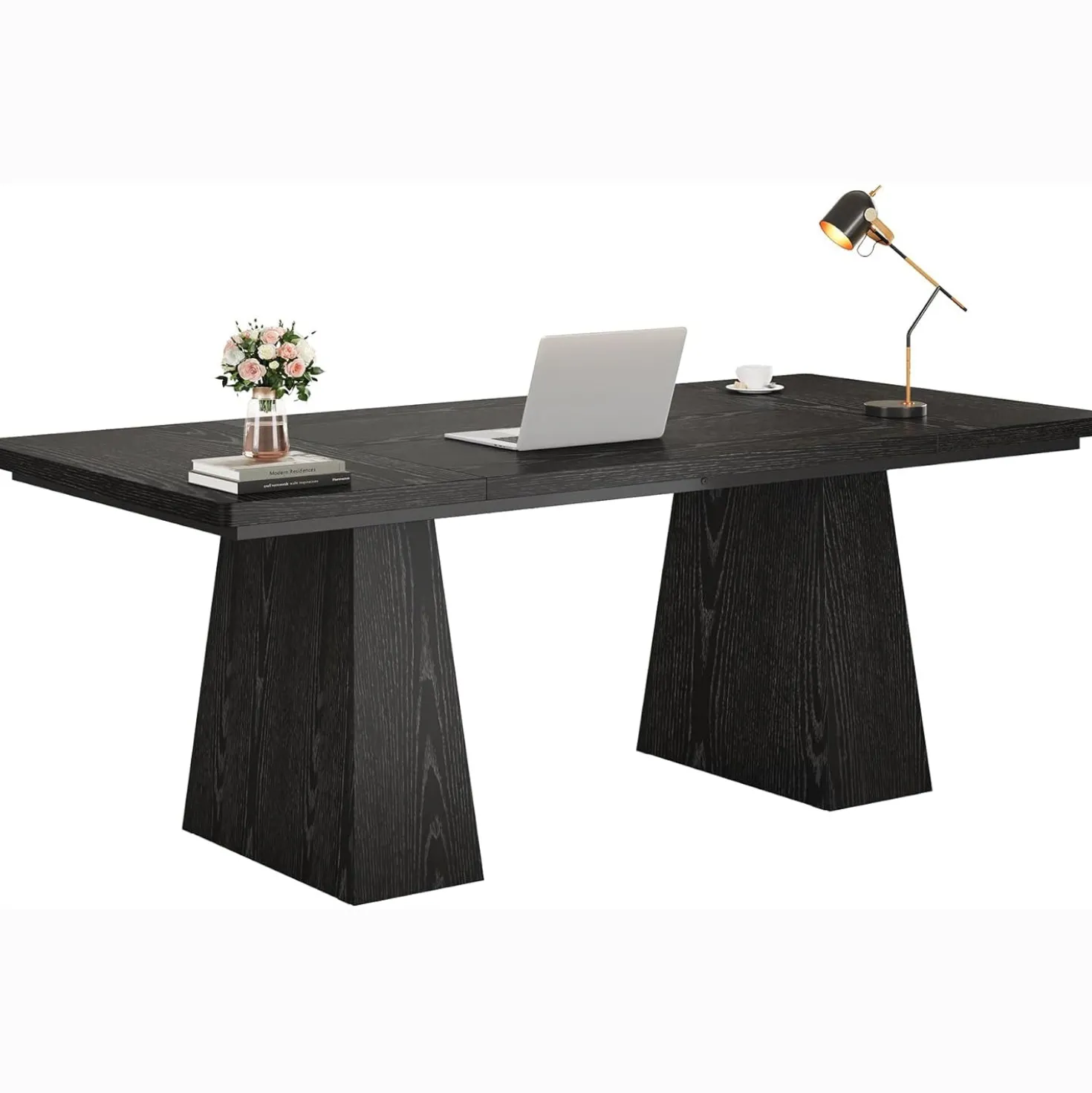 63" Executive Office Desk, Modern Black Double Pedestal Workstation for Home
