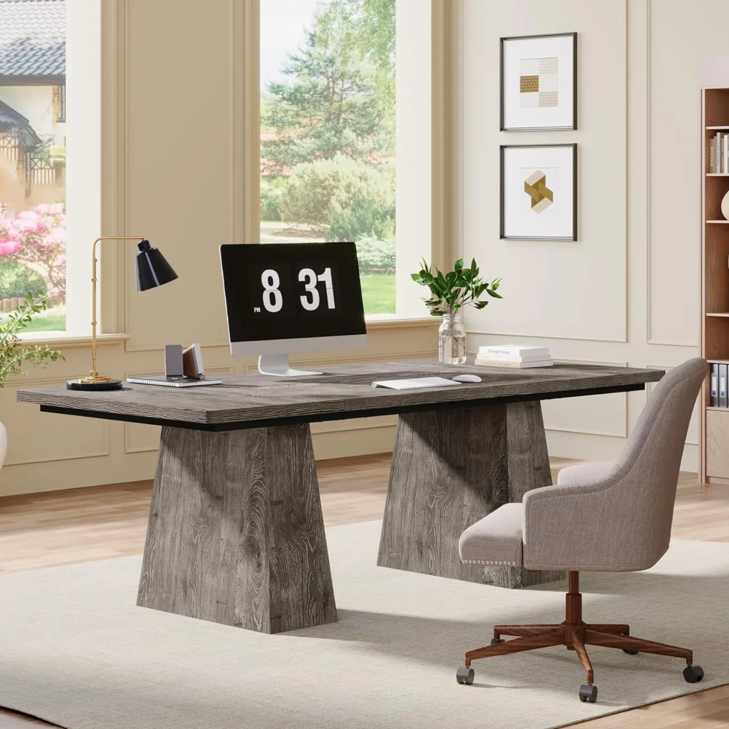 63" Executive Office Desk, Modern Black Double Pedestal Workstation for Home