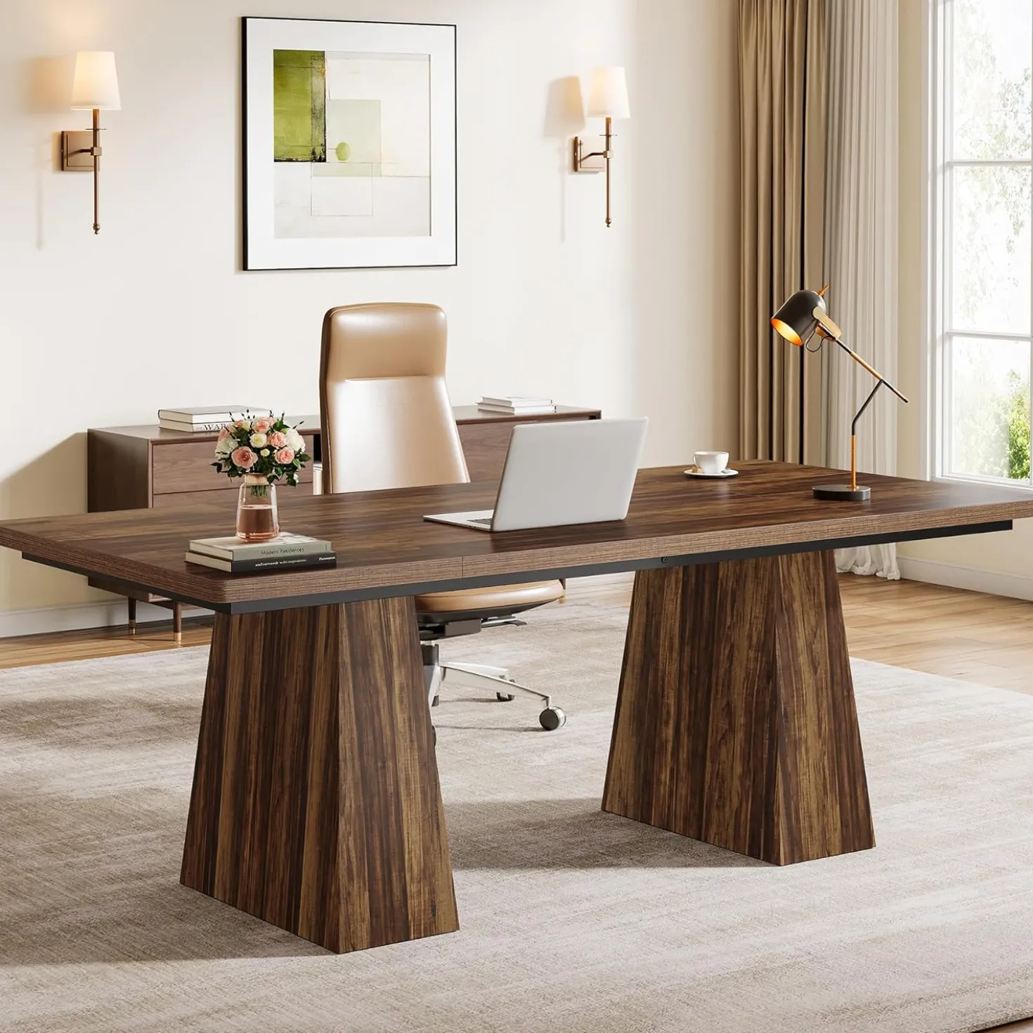 63" Executive Office Desk, Modern Black Double Pedestal Workstation for Home