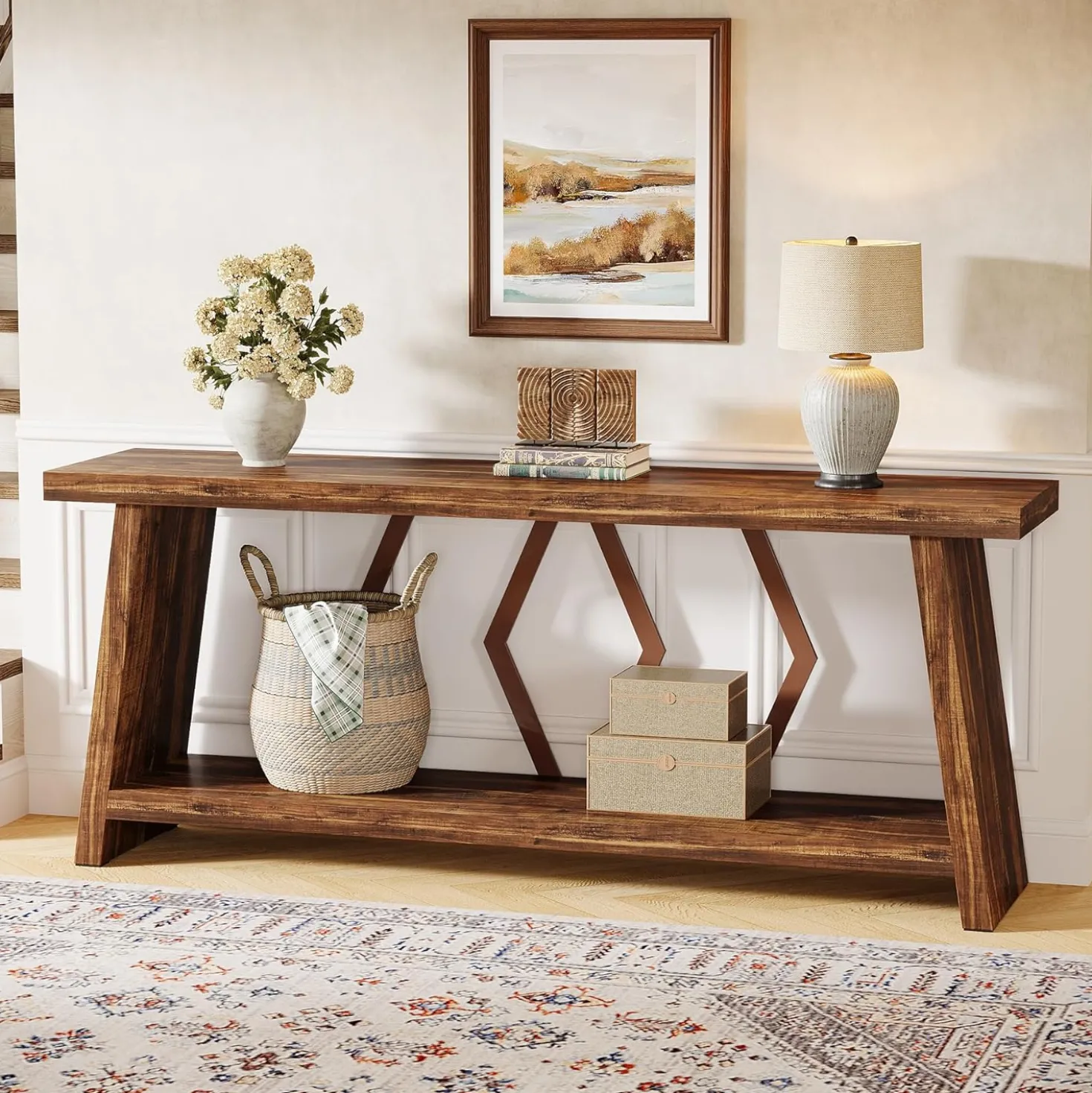 70.86" Extra Long Console Table, 2-Tier Wooden Sofa Table with Storage