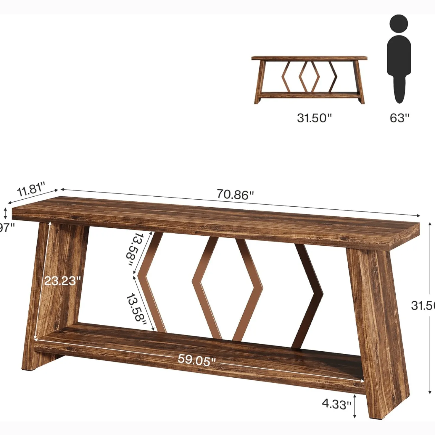 70.86" Extra Long Console Table, 2-Tier Wooden Sofa Table with Storage