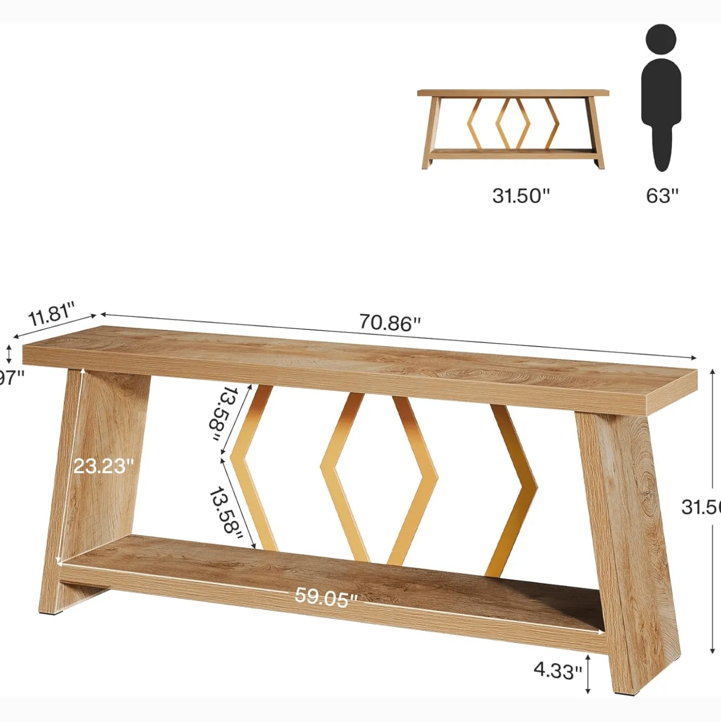 70.86" Extra Long Console Table, 2-Tier Wooden Sofa Table with Storage