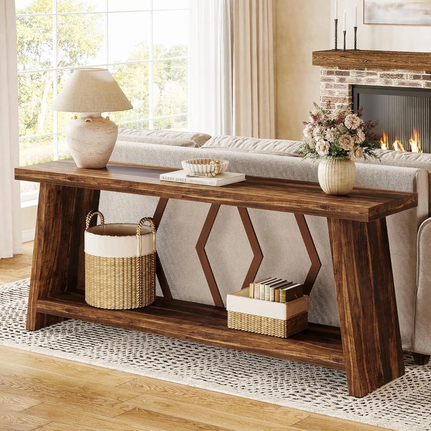 70.86" Extra Long Console Table, 2-Tier Wooden Sofa Table with Storage