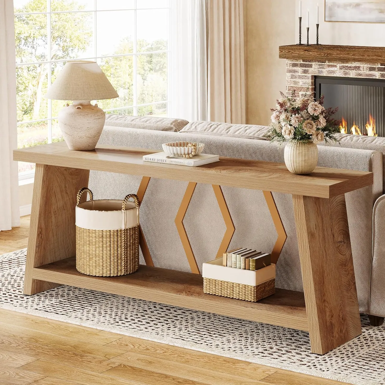 70.86" Extra Long Console Table, 2-Tier Wooden Sofa Table with Storage