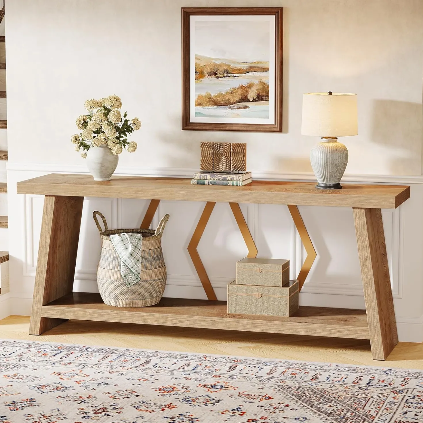 70.86" Extra Long Console Table, 2-Tier Wooden Sofa Table with Storage