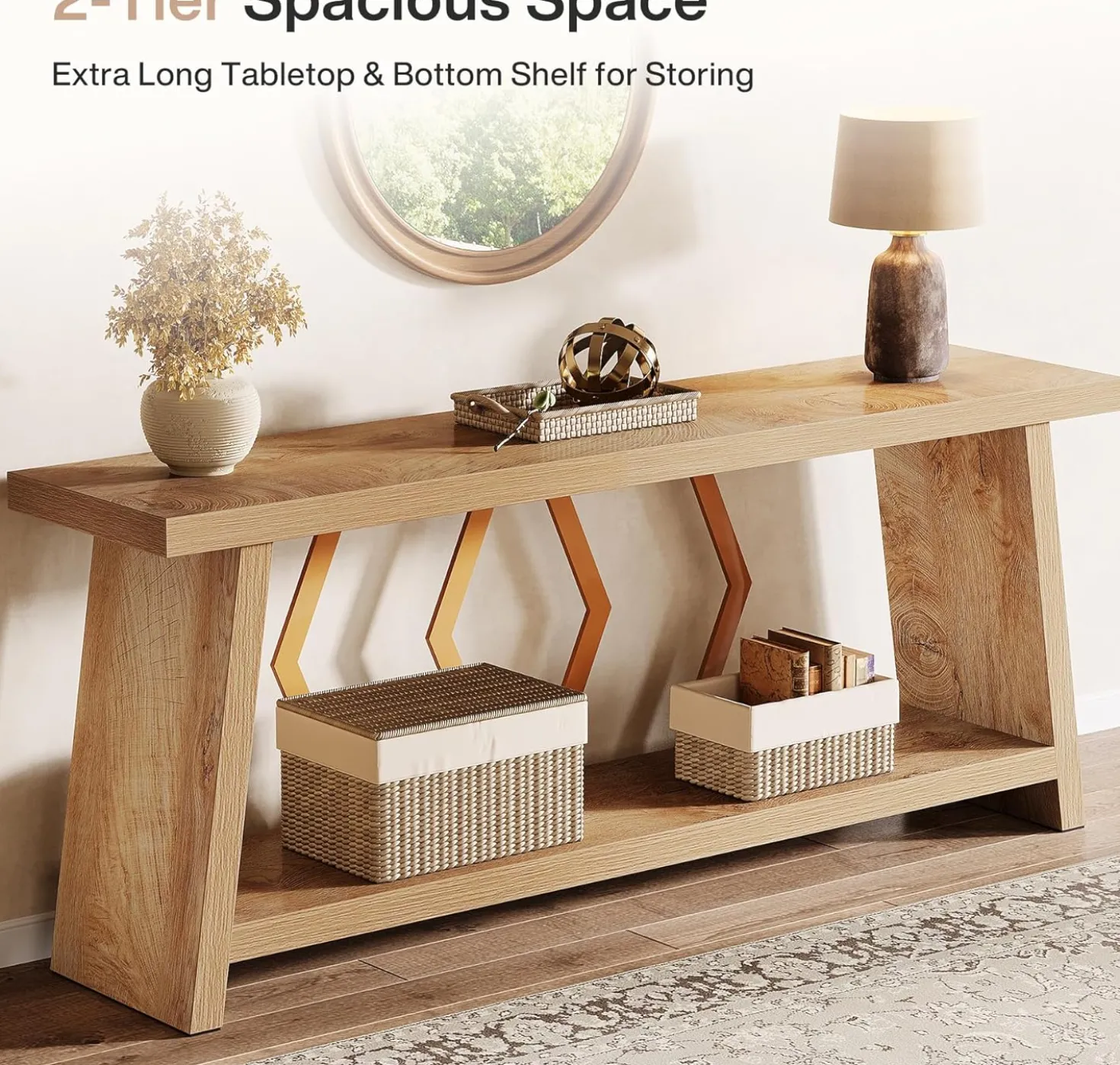 70.86" Extra Long Console Table, 2-Tier Wooden Sofa Table with Storage