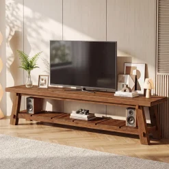 71" Extra Long TV Stand, Solid Wood Entertainment Center with Open Storage Shelves for TVs up to 85"