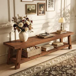 71" Extra Long TV Stand, Solid Wood Entertainment Center with Open Storage Shelves for TVs up to 85"