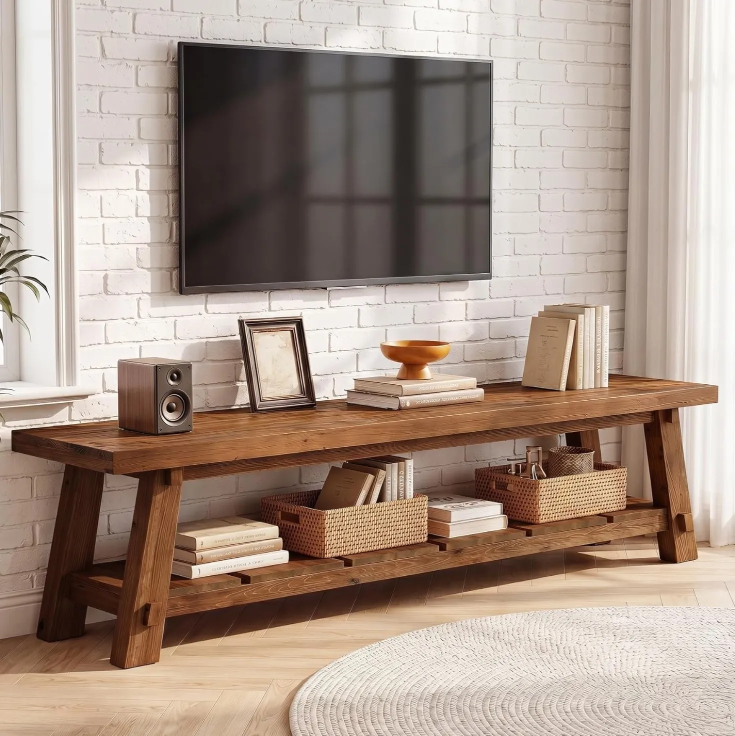 71" Extra Long TV Stand, Solid Wood Entertainment Center with Open Storage Shelves for TVs up to 85"