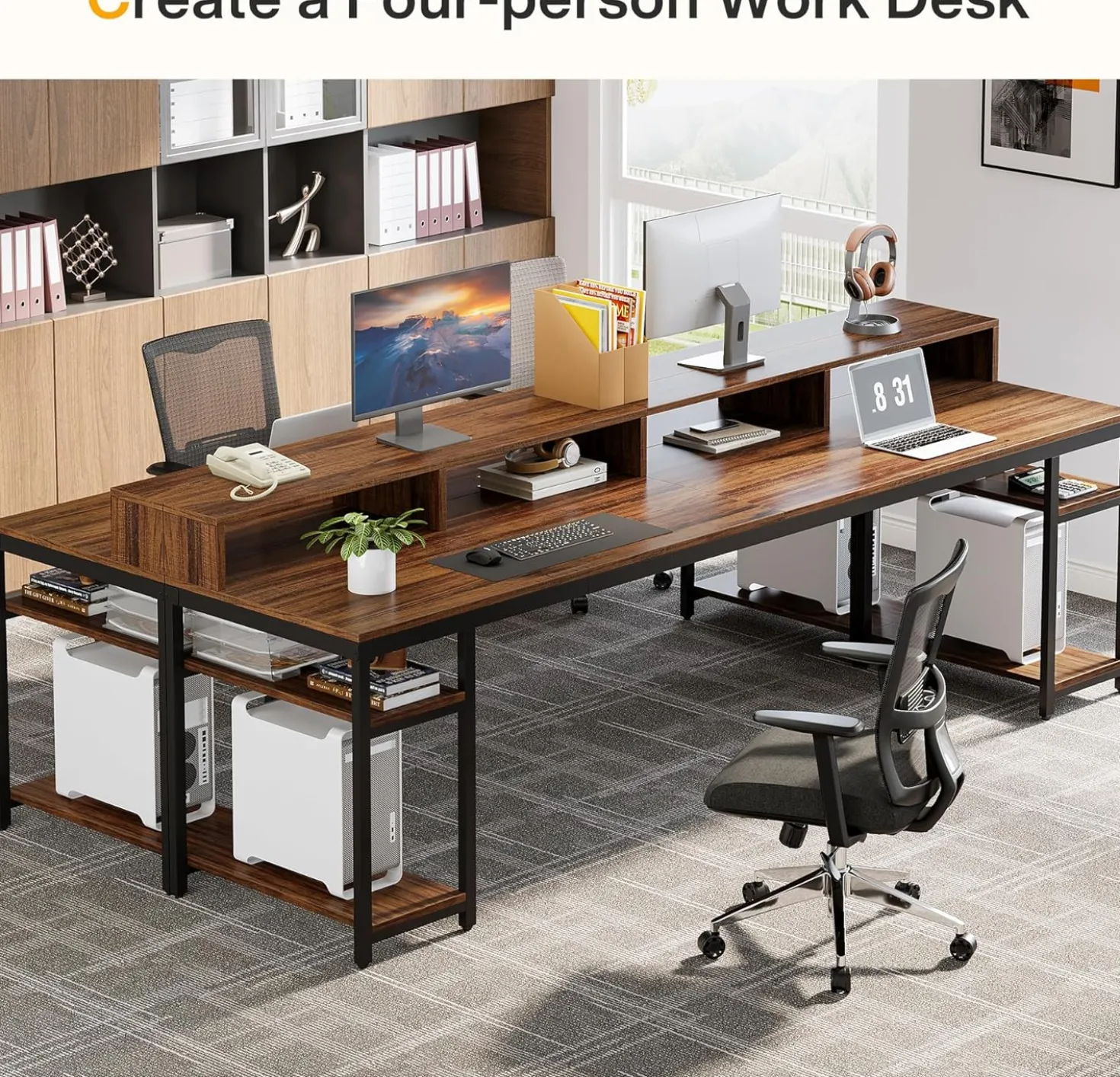 78.74" Extra Long Two Person Desk, Double Computer Desk with Storage Shelves