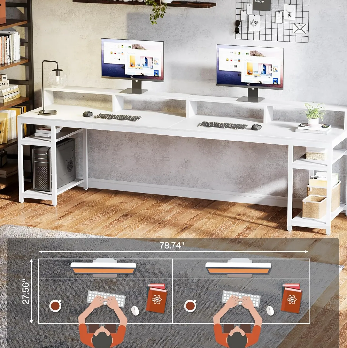 78.74" Extra Long Two Person Desk, Double Computer Desk with Storage Shelves