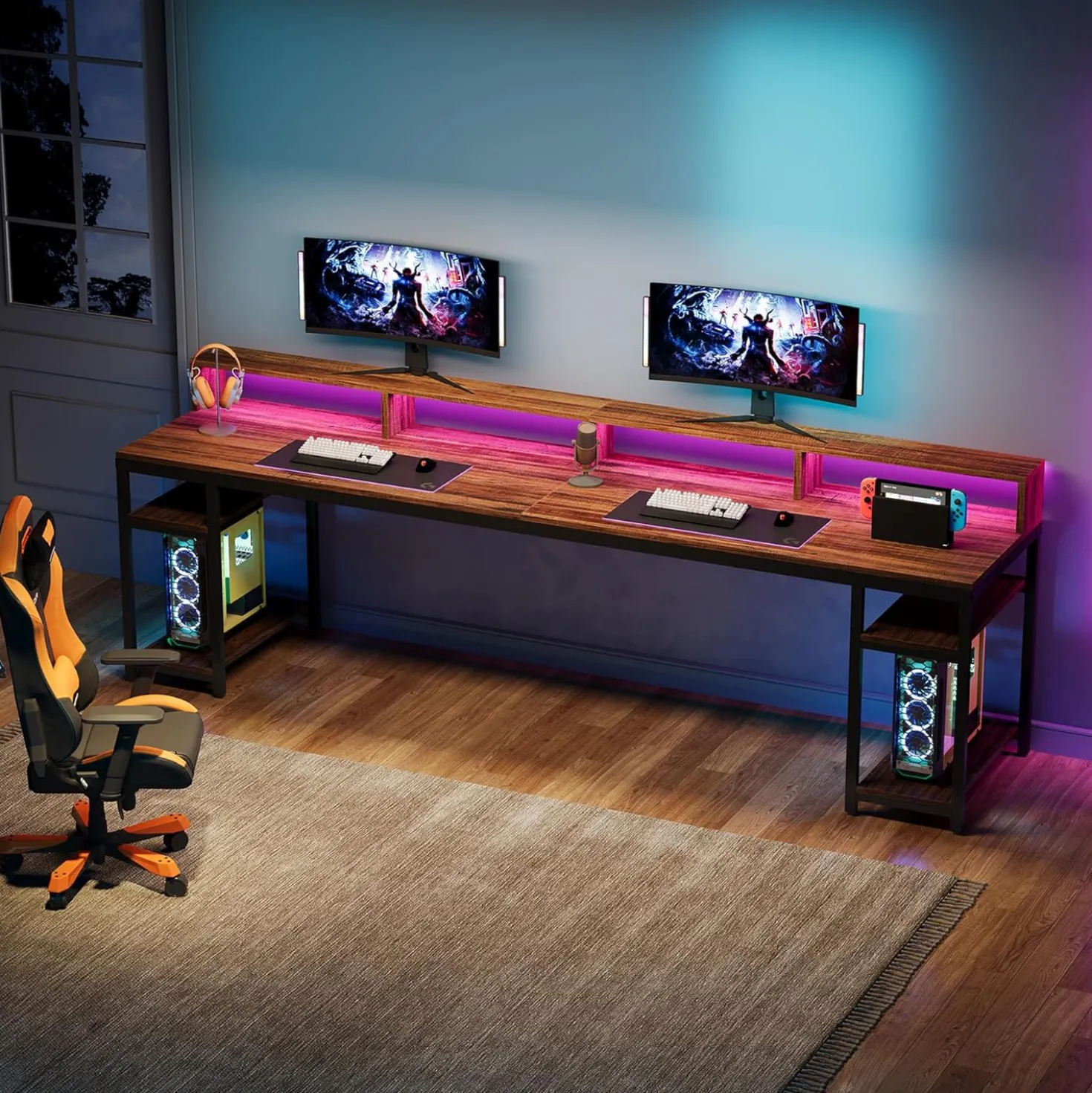 78.74" Extra Long Two Person Desk, Double Computer Desk with Storage Shelves