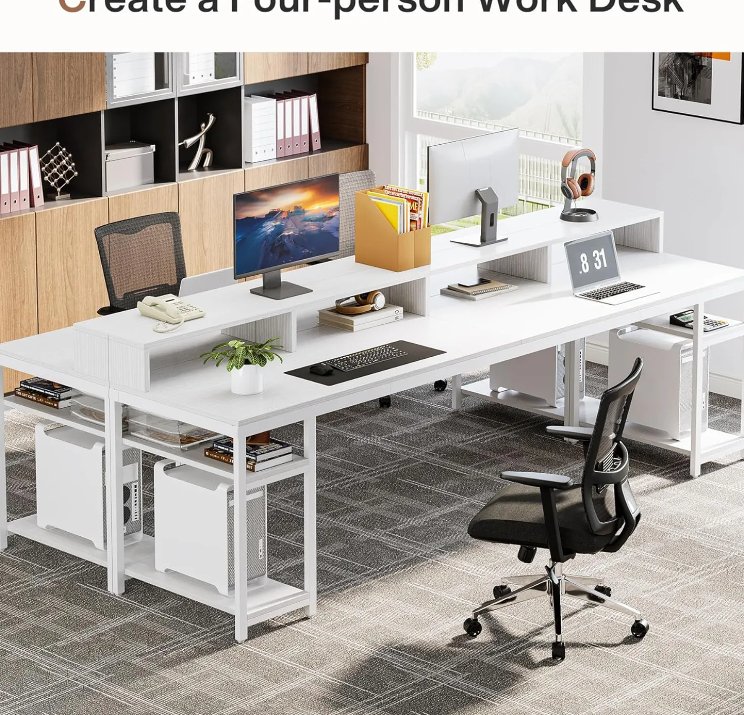 78.74" Extra Long Two Person Desk, Double Computer Desk with Storage Shelves