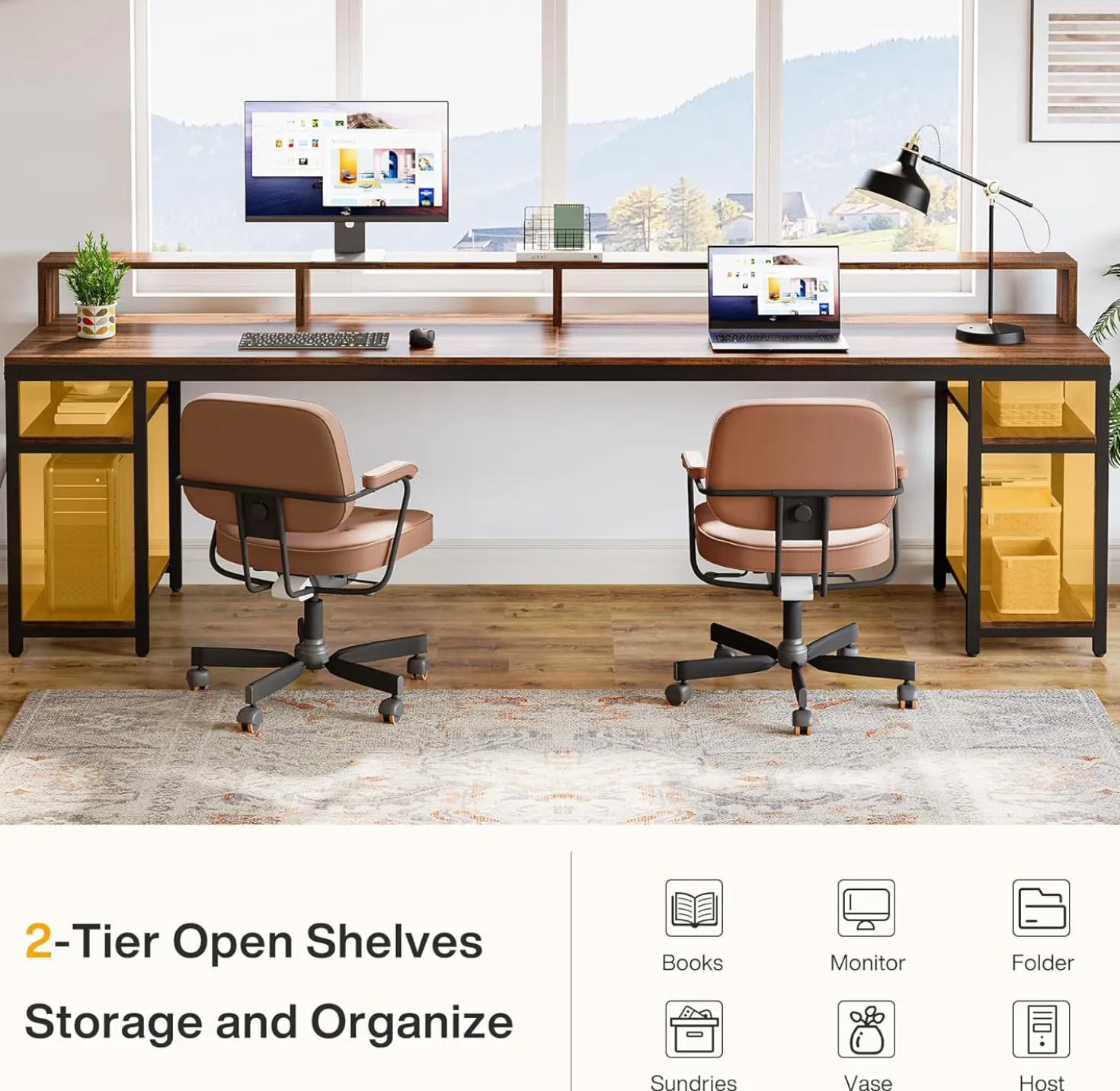 78.74" Extra Long Two Person Desk, Double Computer Desk with Storage Shelves