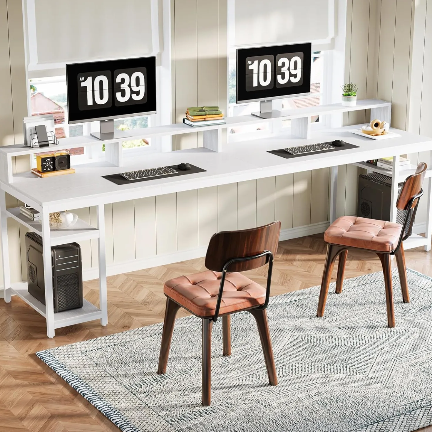 78.74" Extra Long Two Person Desk, Double Computer Desk with Storage Shelves