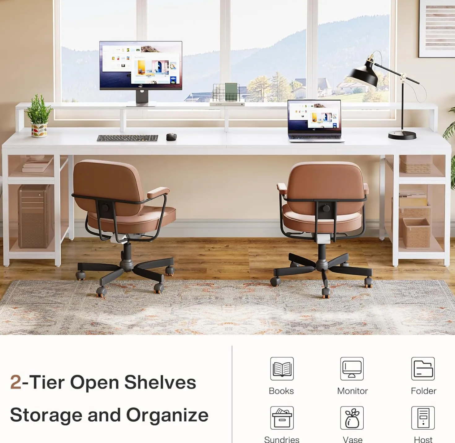 78.74" Extra Long Two Person Desk, Double Computer Desk with Storage Shelves