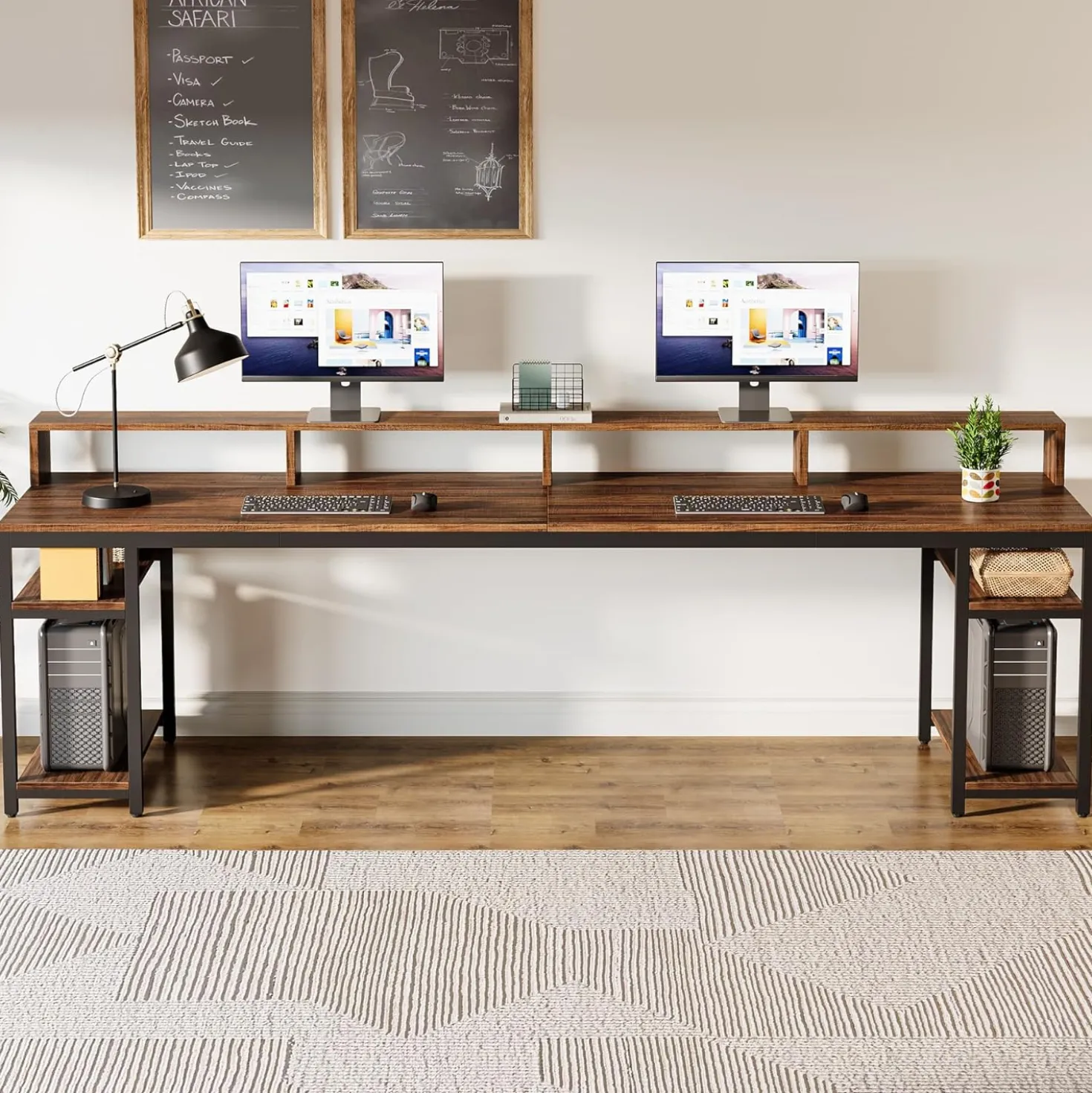 78.74" Extra Long Two Person Desk, Double Computer Desk with Storage Shelves