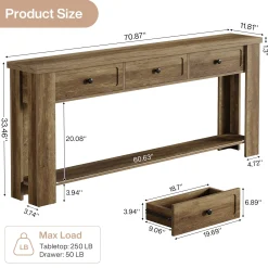 70.9" Extra-Long Console Table with 3 Drawers, Narrow Farmhouse Entryway Sofa Table with Shelf for Hallway or Behind Couch