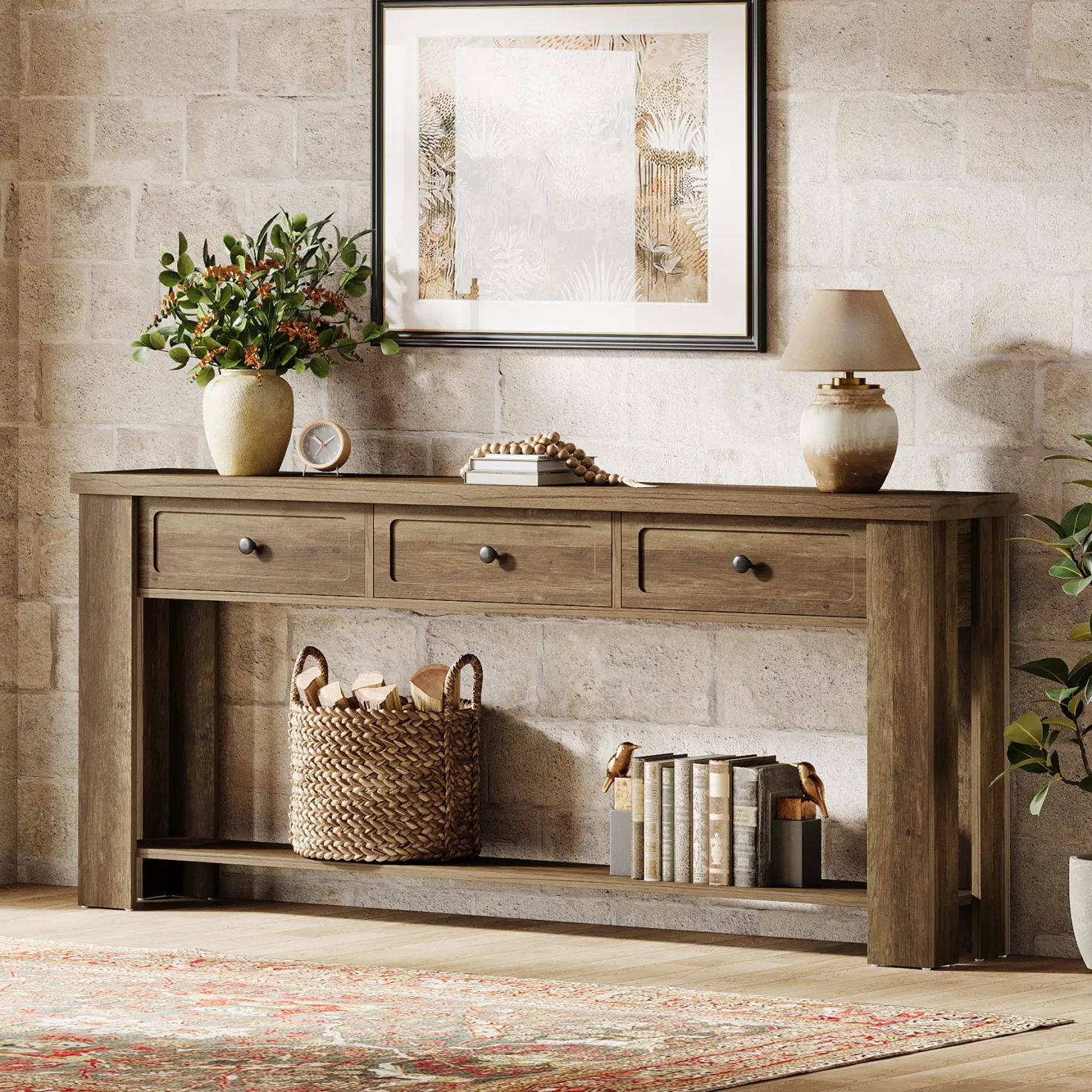 70.9" Extra-Long Console Table with 3 Drawers, Narrow Farmhouse Entryway Sofa Table with Shelf for Hallway or Behind Couch