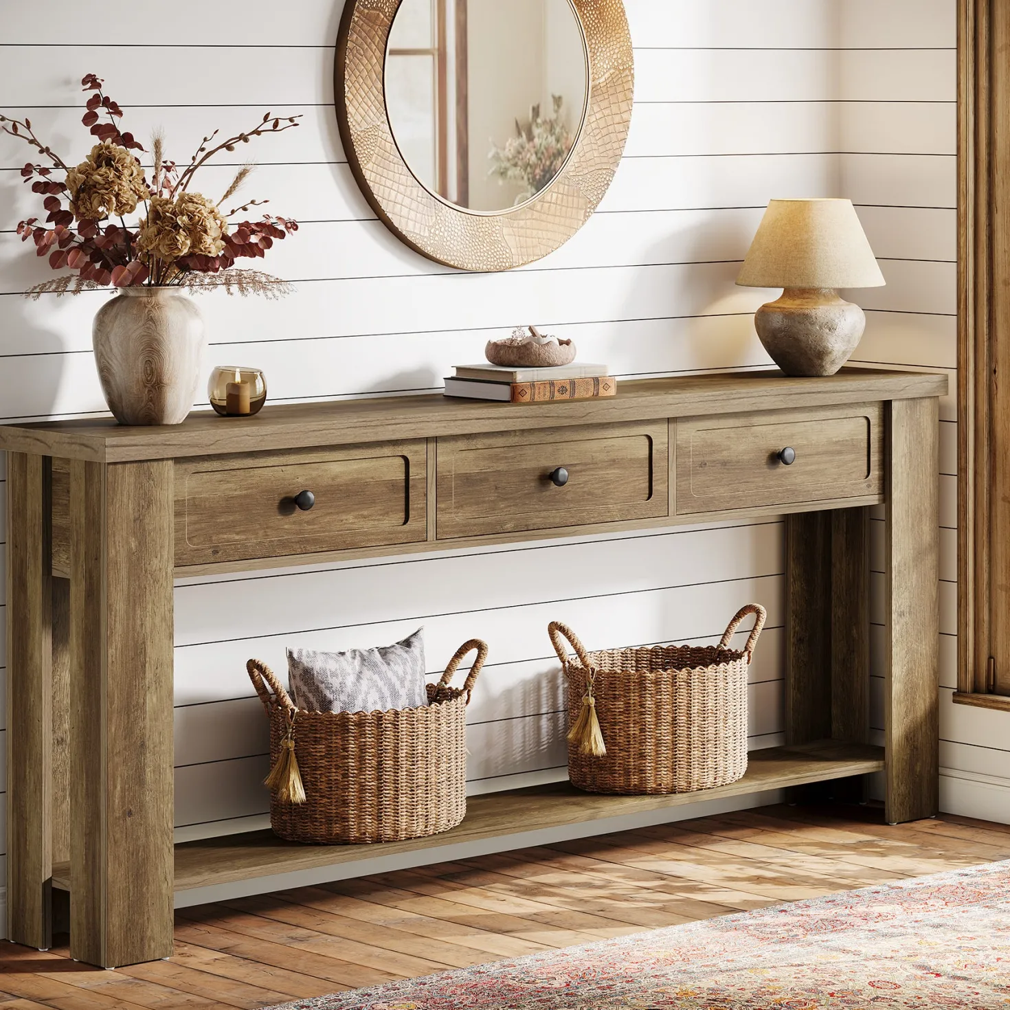70.9" Extra-Long Console Table with 3 Drawers, Narrow Farmhouse Entryway Sofa Table with Shelf for Hallway or Behind Couch
