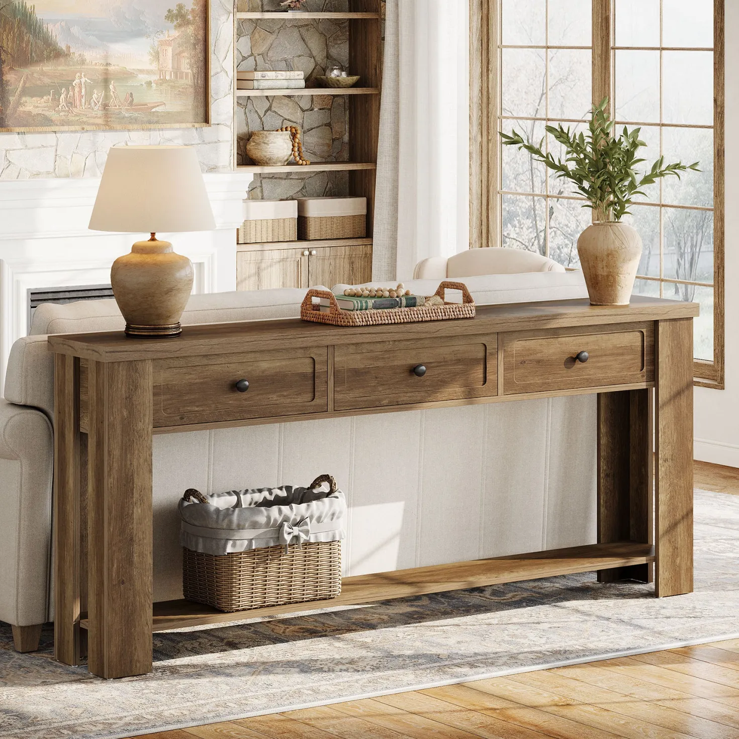 70.9" Extra-Long Console Table with 3 Drawers, Narrow Farmhouse Entryway Sofa Table with Shelf for Hallway or Behind Couch