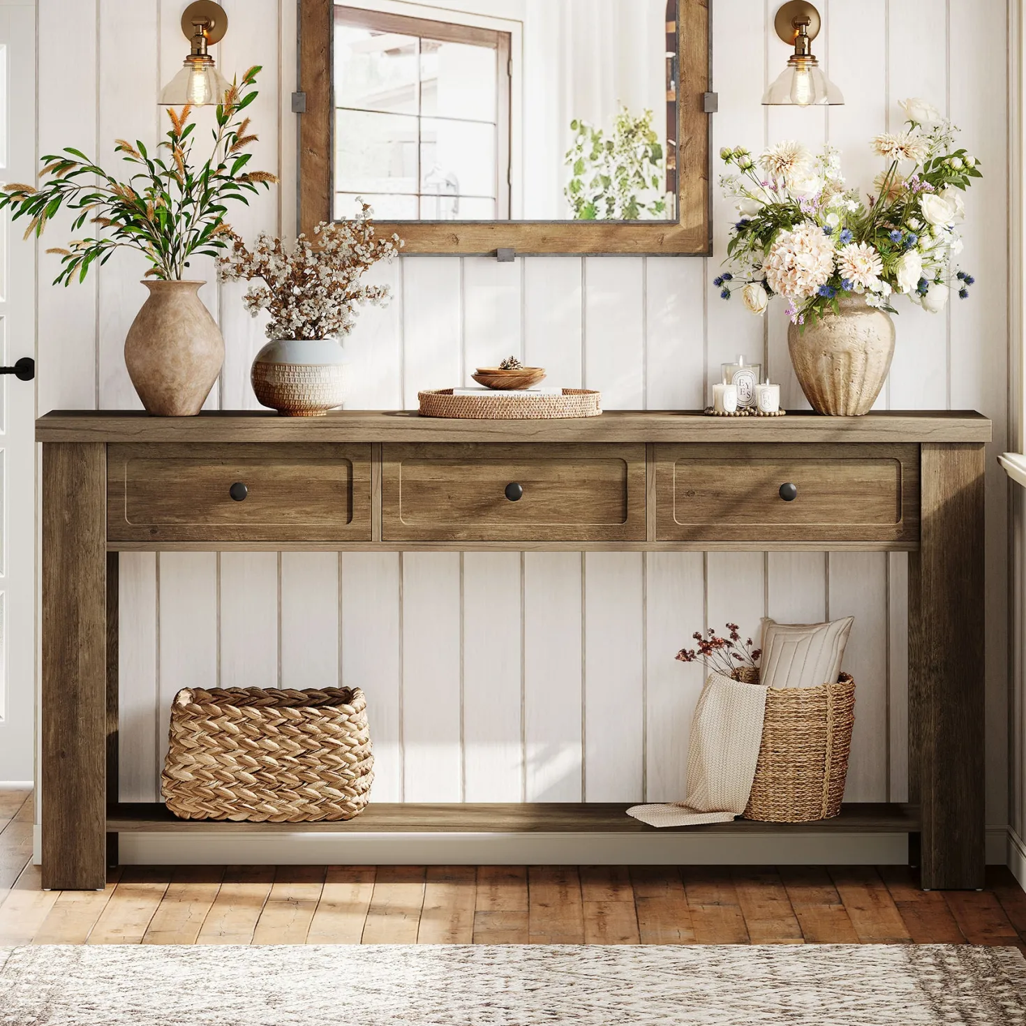 70.9" Extra-Long Console Table with 3 Drawers, Narrow Farmhouse Entryway Sofa Table with Shelf for Hallway or Behind Couch