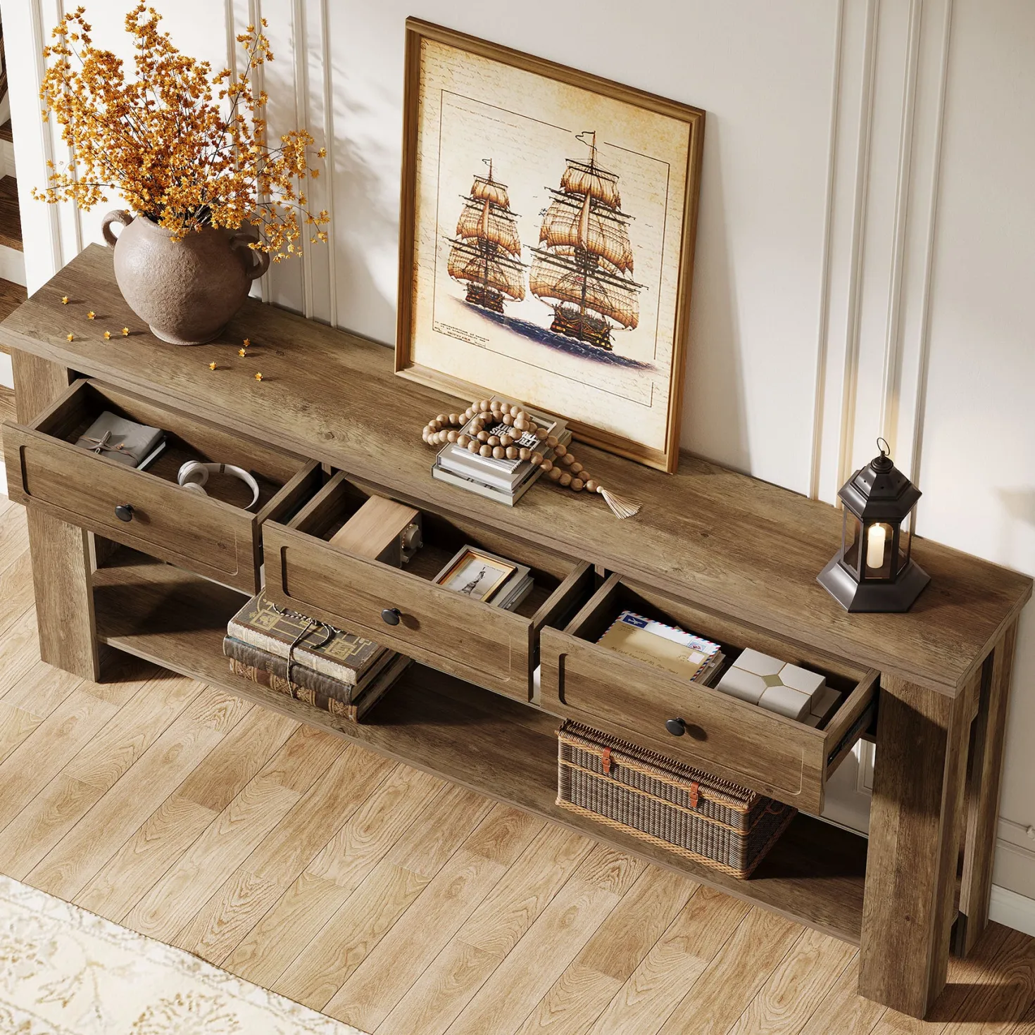 70.9" Extra-Long Console Table with 3 Drawers, Narrow Farmhouse Entryway Sofa Table with Shelf for Hallway or Behind Couch