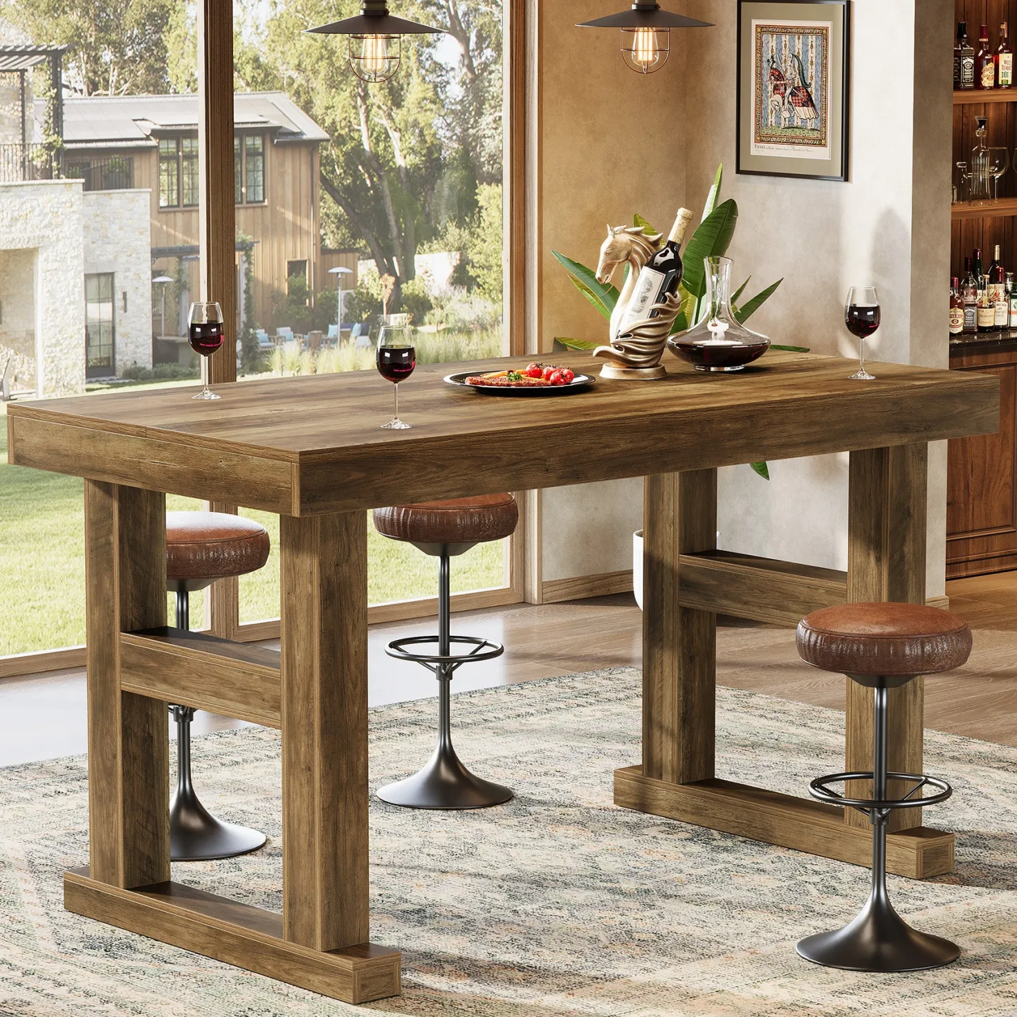 63" Farmhouse Bar Table, Counter Height Pub Table for 4-6 People with Sturdy H-Frame Legs