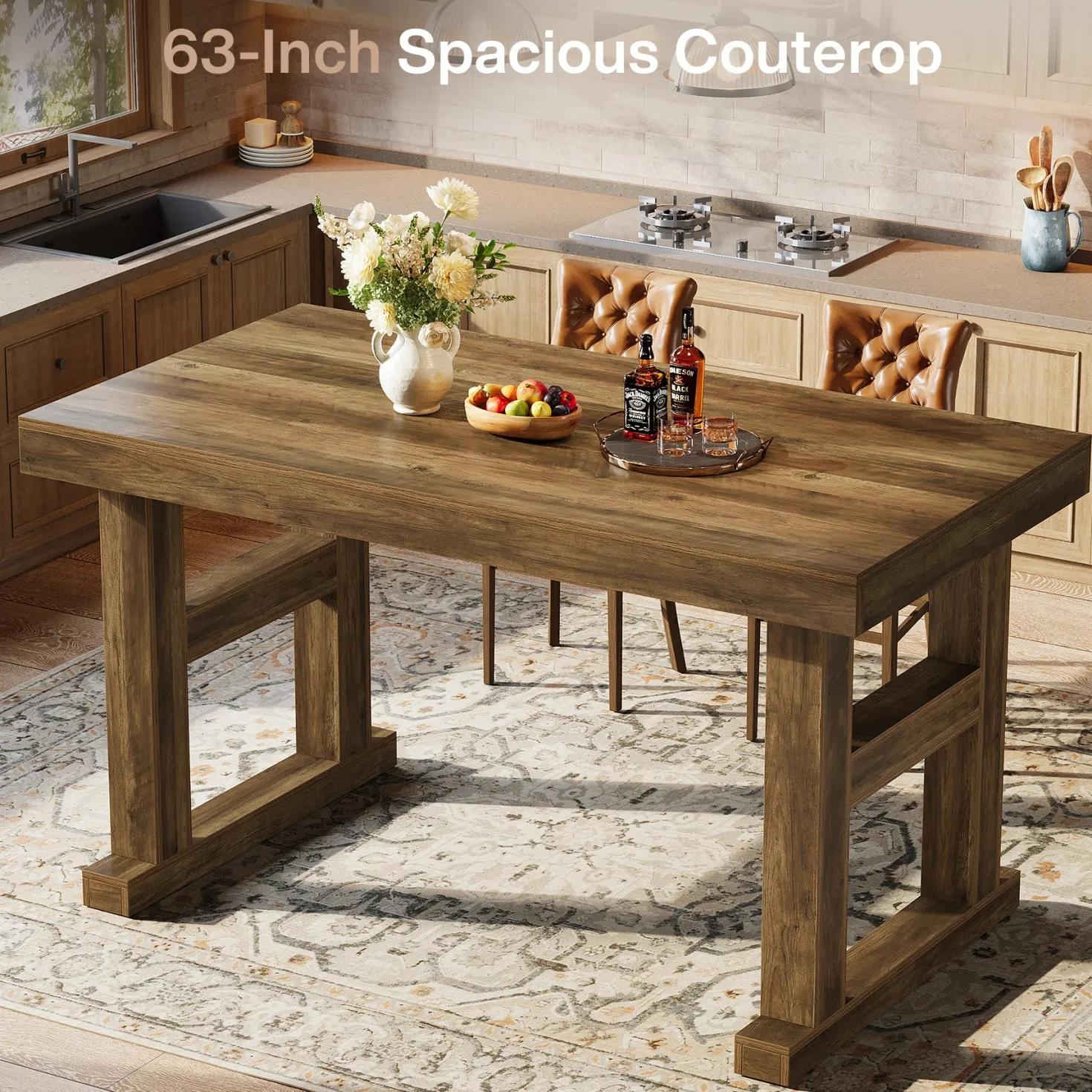 63" Farmhouse Bar Table, Counter Height Pub Table for 4-6 People with Sturdy H-Frame Legs