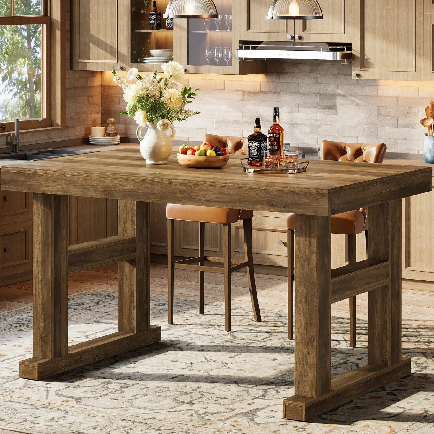 63" Farmhouse Bar Table, Counter Height Pub Table for 4-6 People with Sturdy H-Frame Legs
