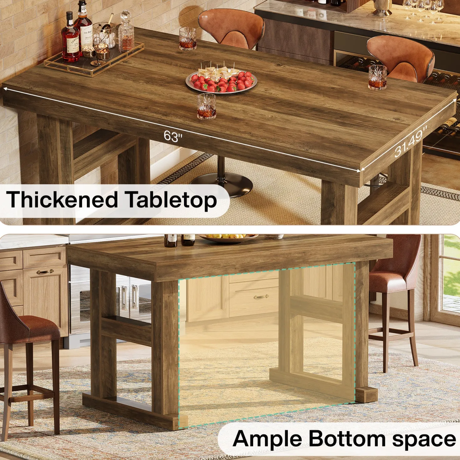 63" Farmhouse Bar Table, Counter Height Pub Table for 4-6 People with Sturdy H-Frame Legs