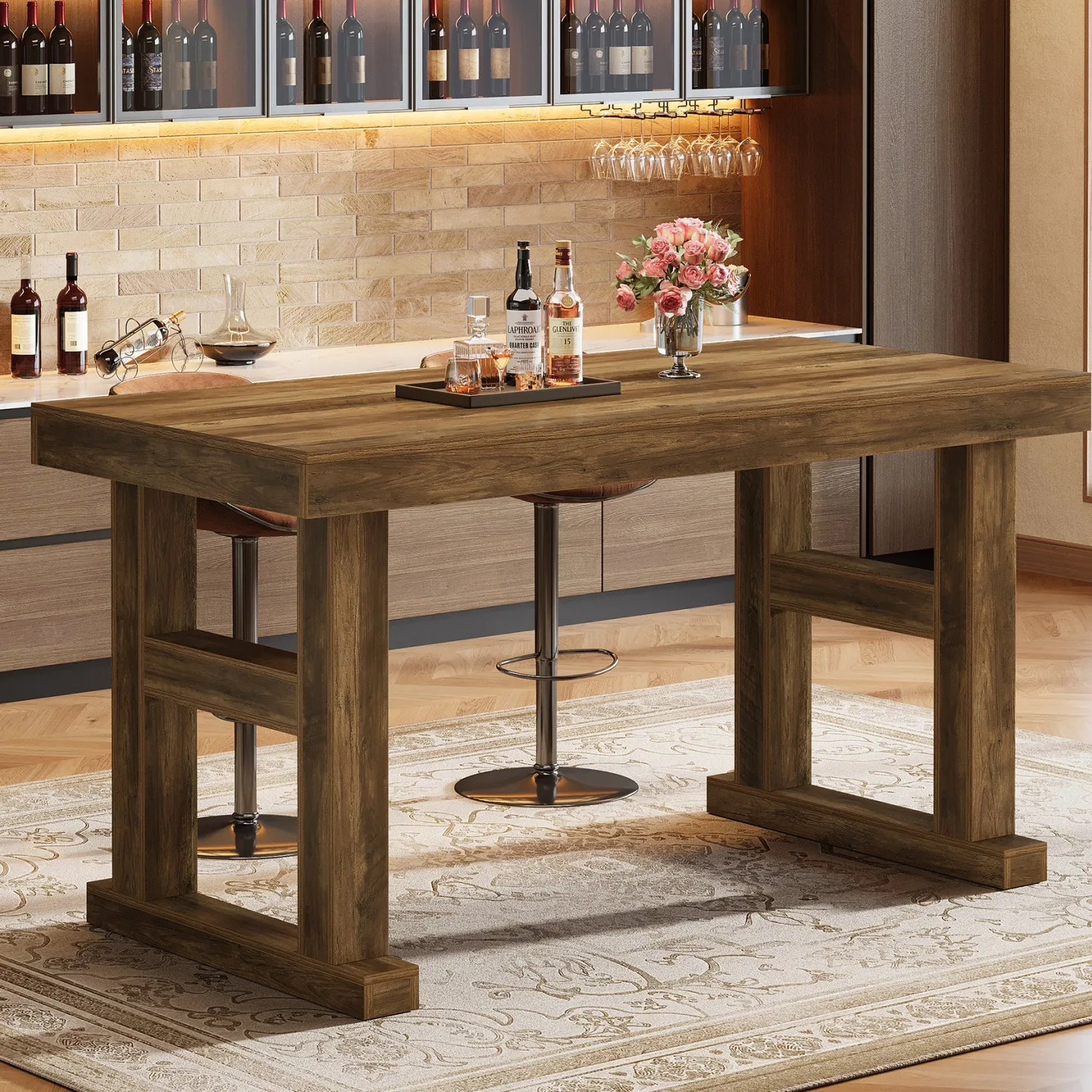 63" Farmhouse Bar Table, Counter Height Pub Table for 4-6 People with Sturdy H-Frame Legs
