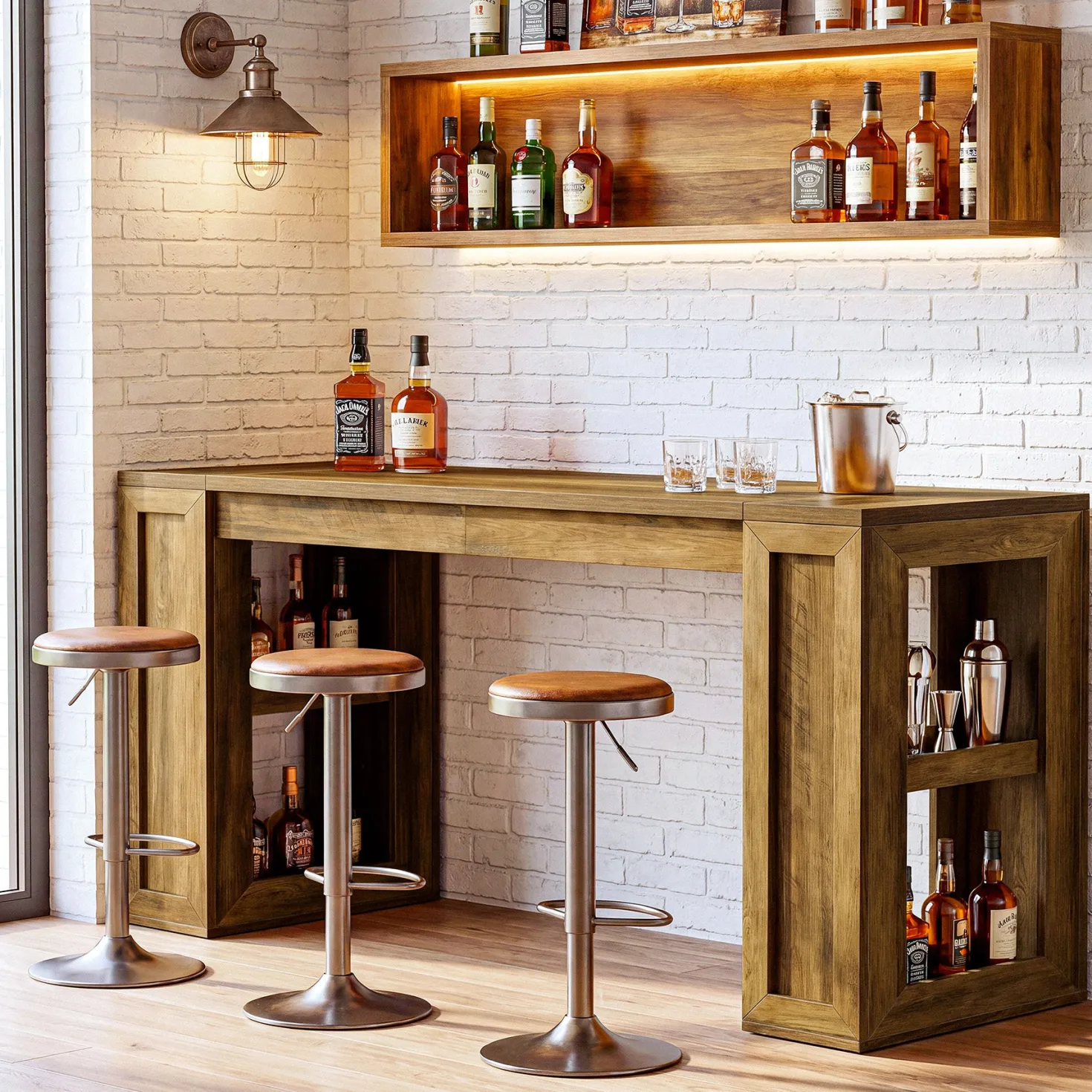 70.87" Farmhouse Bar Table, Rectangular High Top Pub Tables with Open Storage Shelves for Kitchen