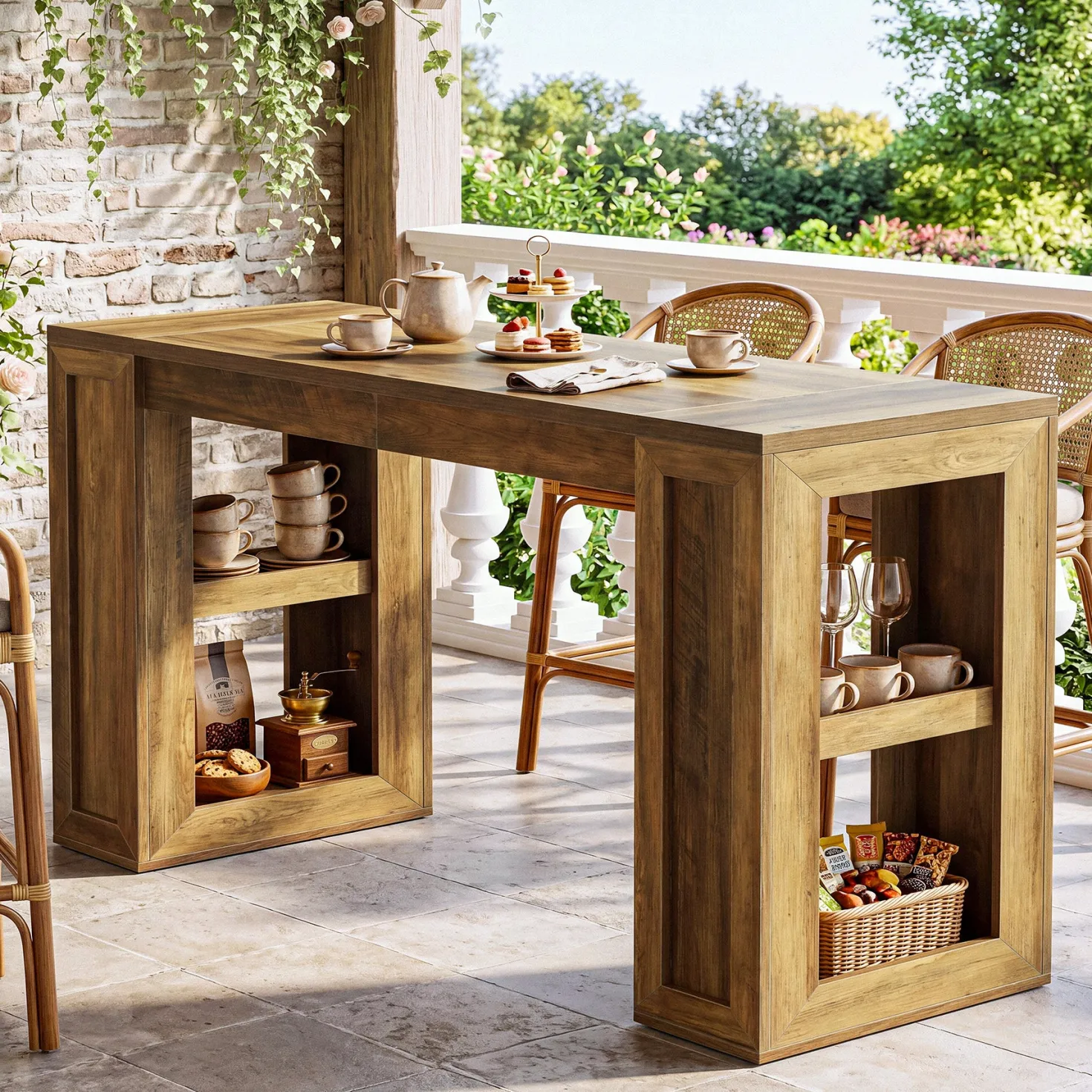 70.87" Farmhouse Bar Table, Rectangular High Top Pub Tables with Open Storage Shelves for Kitchen
