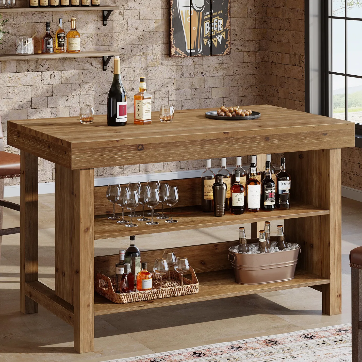 55" Farmhouse Bar Table, 3-Tier Solid Wood Bar Unit with Open Storage Shelves