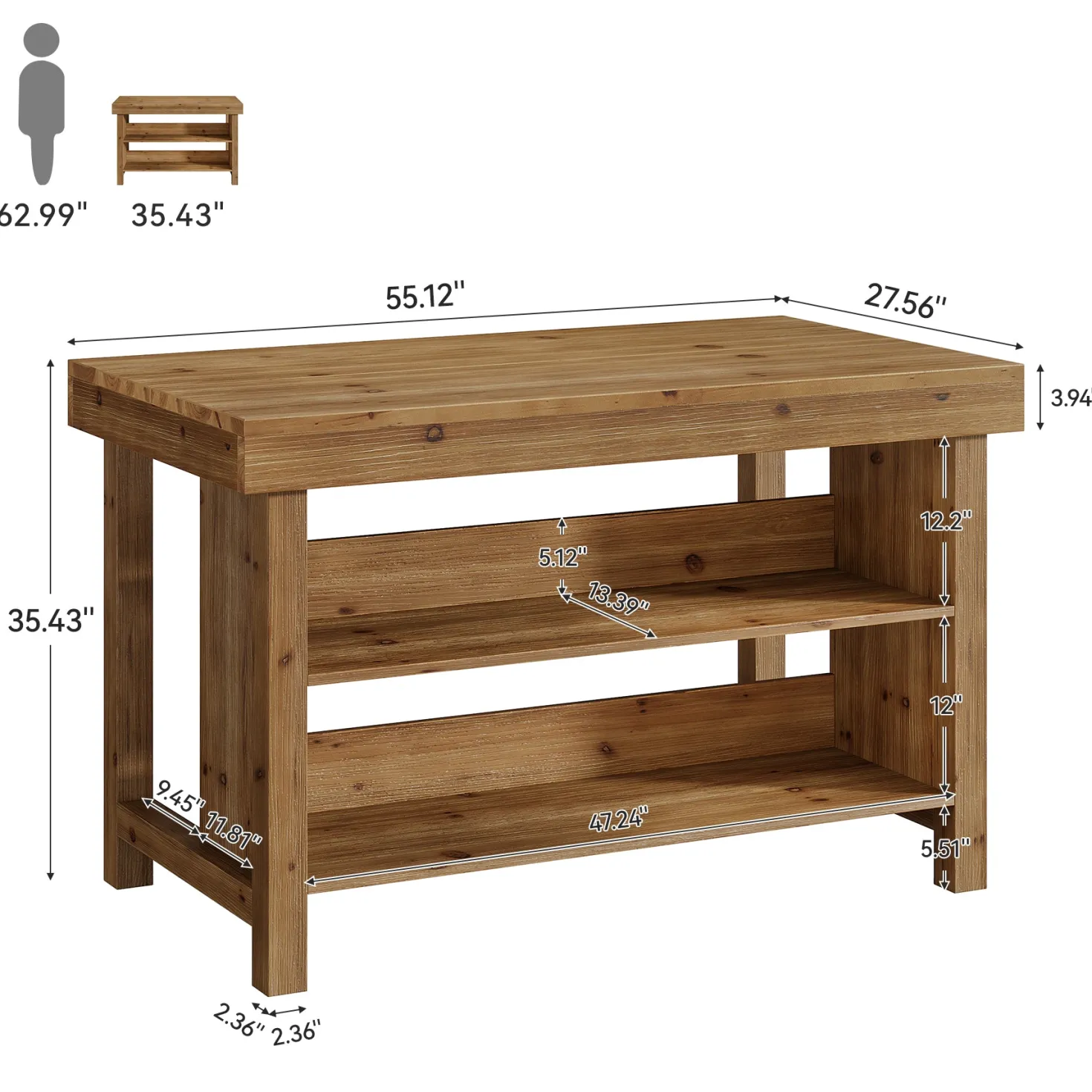 55" Farmhouse Bar Table, 3-Tier Solid Wood Bar Unit with Open Storage Shelves