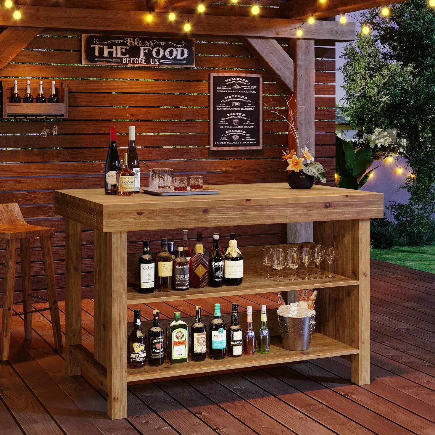 55" Farmhouse Bar Table, 3-Tier Solid Wood Bar Unit with Open Storage Shelves