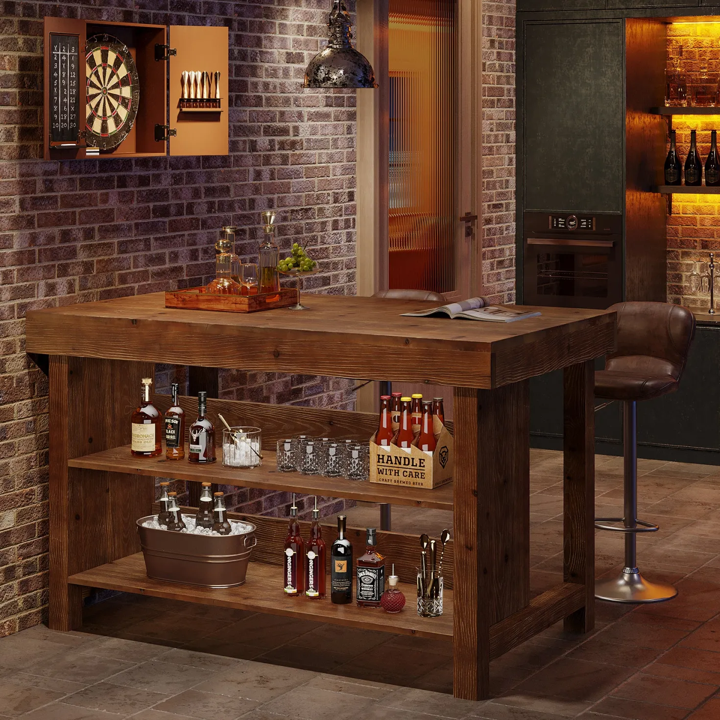 55" Farmhouse Bar Table, 3-Tier Solid Wood Bar Unit with Open Storage Shelves