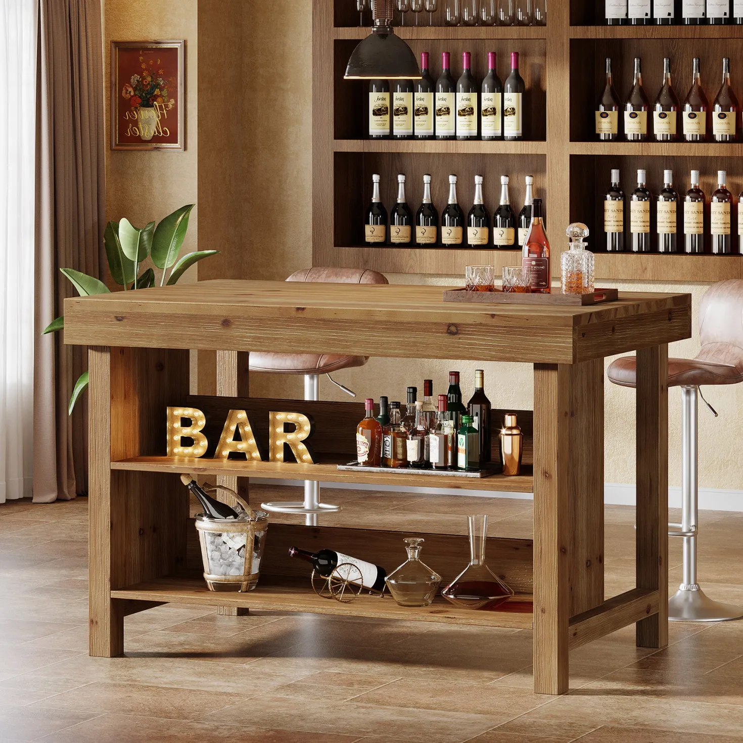 55" Farmhouse Bar Table, 3-Tier Solid Wood Bar Unit with Open Storage Shelves