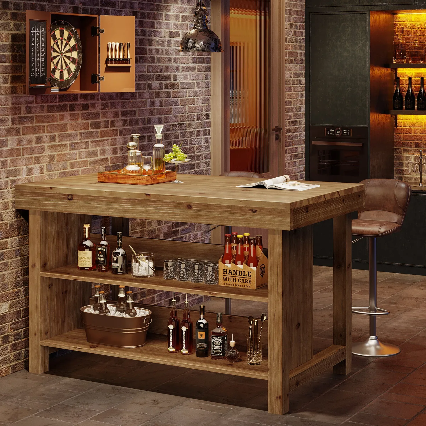 55" Farmhouse Bar Table, 3-Tier Solid Wood Bar Unit with Open Storage Shelves
