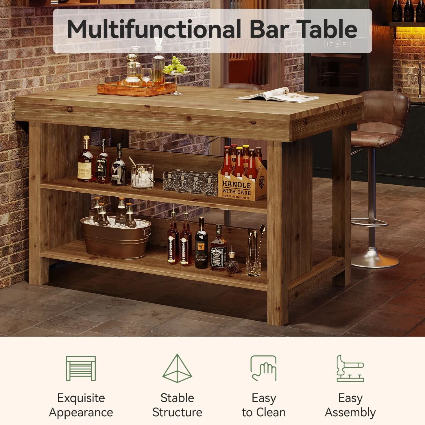 55" Farmhouse Bar Table, 3-Tier Solid Wood Bar Unit with Open Storage Shelves