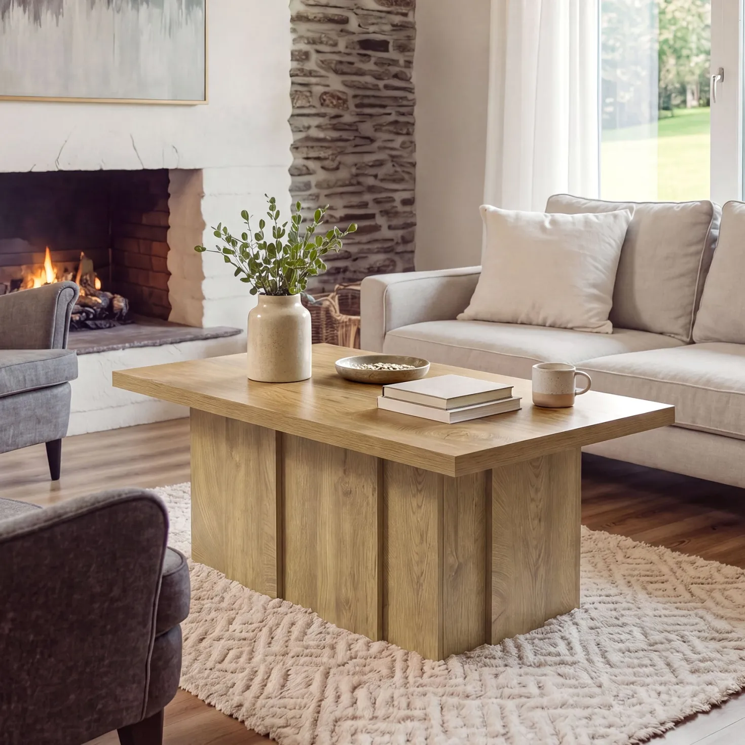 47" Farmhouse Coffee Table, Rectangular Tea Table with Fluted Base for Living Room