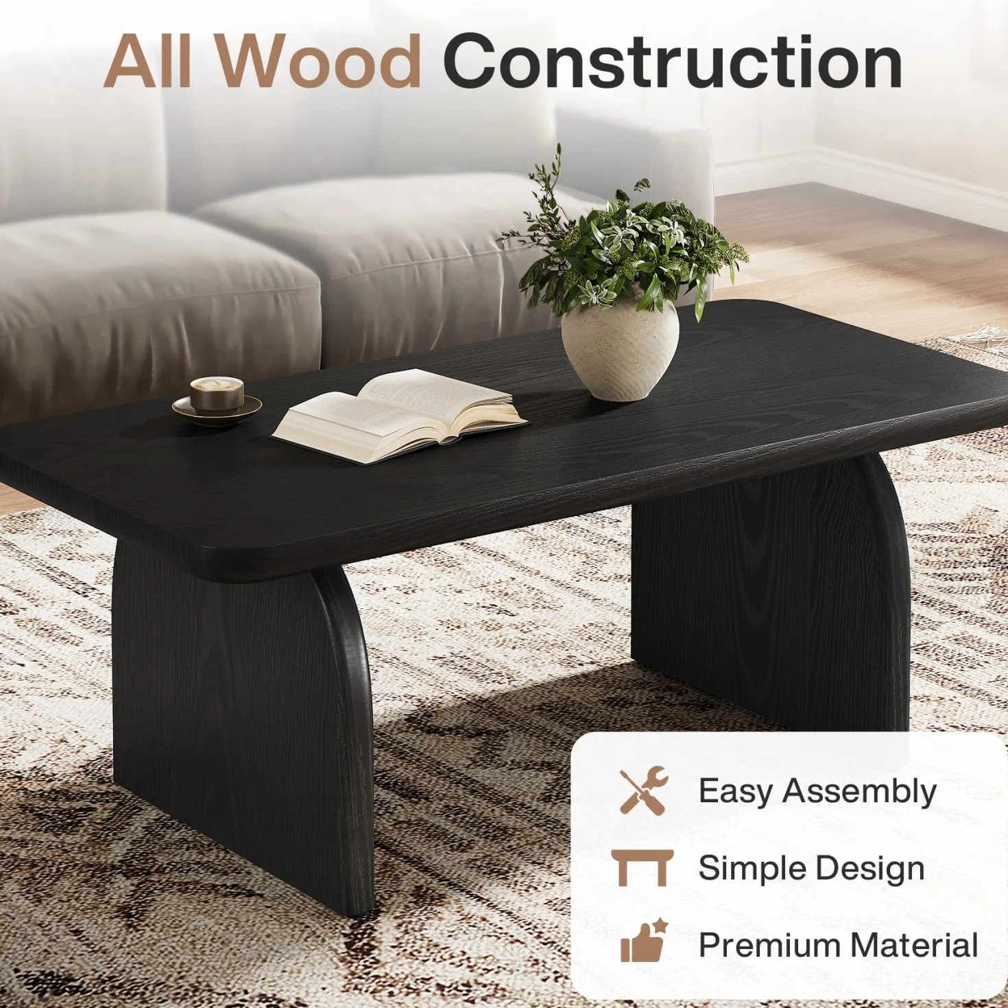 47" Farmhouse Coffee Table, Rectangular Wooden Center Table for Living Room