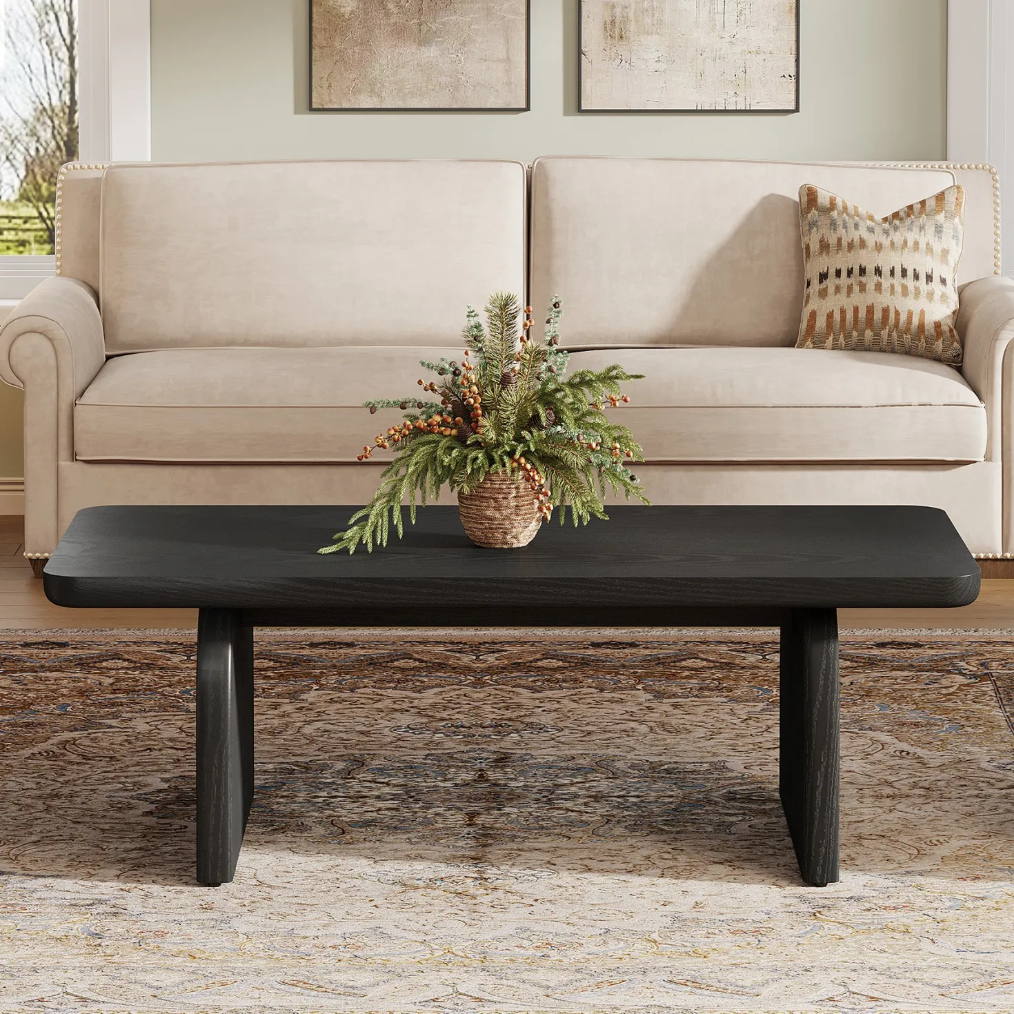 47" Farmhouse Coffee Table, Rectangular Wooden Center Table for Living Room