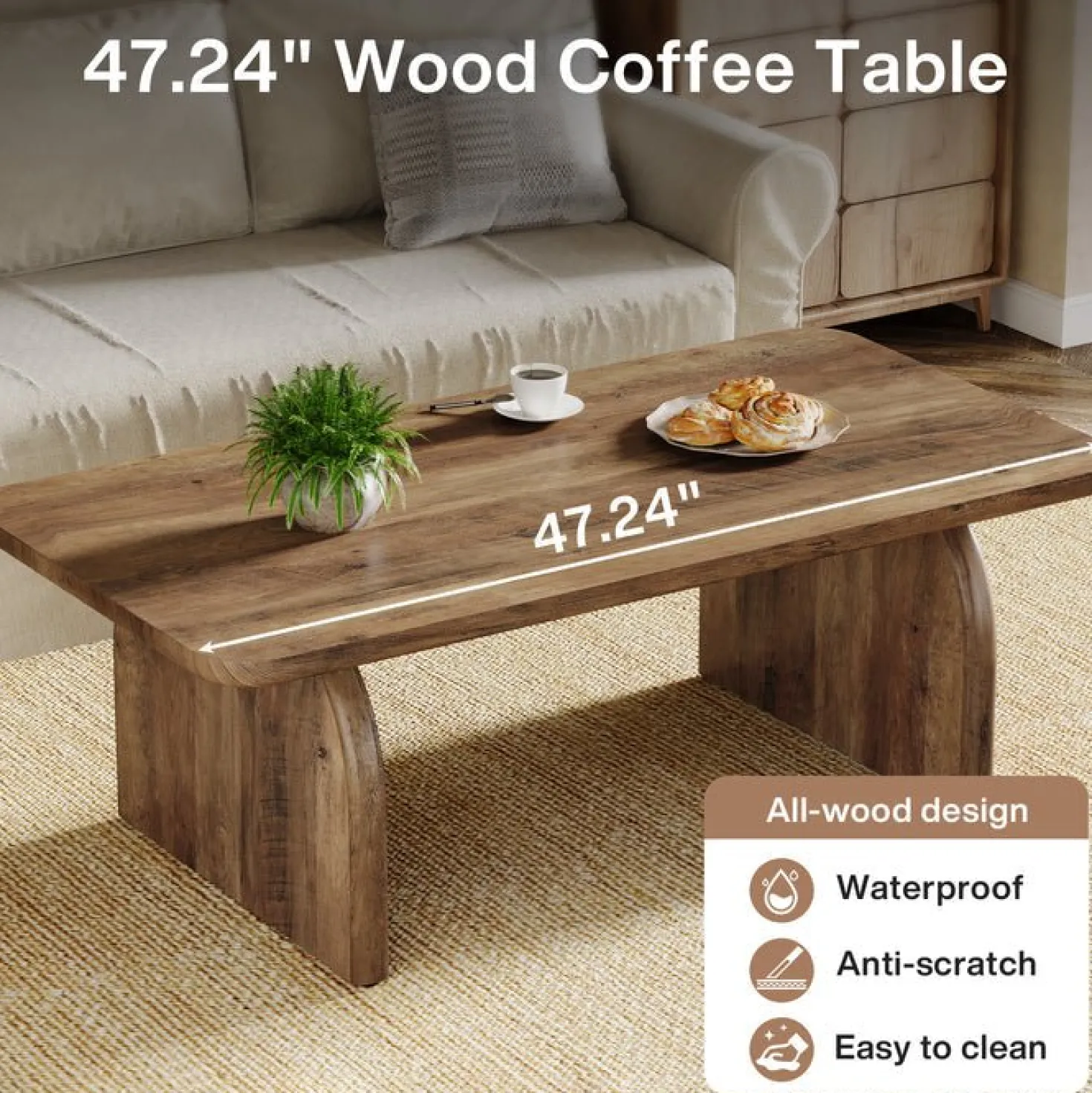 47" Farmhouse Coffee Table, Rectangular Wooden Center Table for Living Room